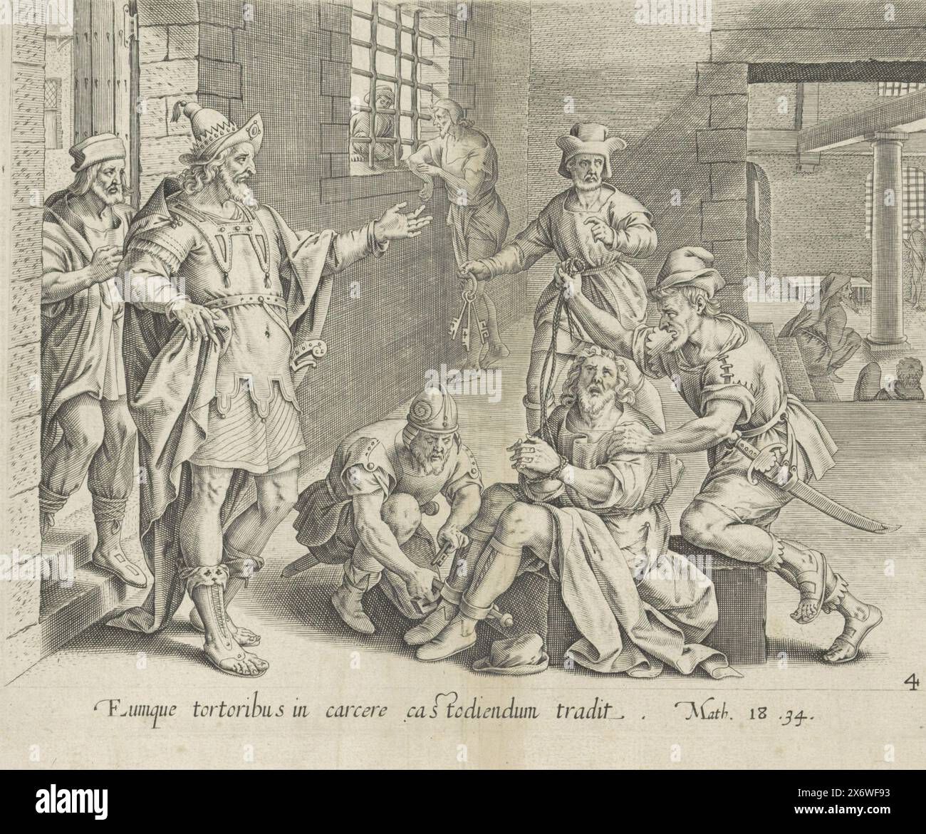 Unbarmherziger Diener ins Gefängnis gebracht, Gleichnis vom unbarmherzigen Diener (Serientitel), Gleichnis vom unbarmherzigen Sklaven (früherer Serientitel), Theatrum biblicum (...) (Serientitel), der unbarmherzige Diener wird von seinem Herrn angeordnet, der an der Tür steht und im Gefängnis eingesperrt ist. Ein Soldat fesselt seine Füße. Unterhalb der Szene ist ein lateinischer Hinweis auf den Bibeltext in Matt. 18:34., Print, Print Maker: Anonym, Verlag: Claes Jansz. Visscher (II), Amsterdam, 1585 und/oder 1643, Papier, Gravur, Höhe, 197 mm x Breite, 247 mm Stockfoto