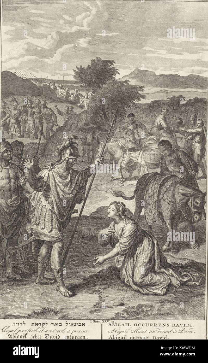 Abigail trifft David, David signalisiert mit seiner Hand die Prozession der Soldaten hinter ihm, als er sieht, wie Abigail vor ihm kniet. Hinter ihr steht ein Diener mit einem Esel, der Rest ihrer Diener mit gepackten Eseln im Hintergrund. Illustration des Bibeltextes 1 Sam. 25:23 Uhr. Unterhalb der Vorstellung der Titel in Hebräisch, Englisch, Deutsch, Lateinisch, Französisch und Niederländisch. Druck, Druckerei: Pieter Sluyter, (erwähnt auf Objekt), nach Zeichnung von: Gerard Hoet (I), (erwähnt auf Objekt), Verlag: Bernard Picart, (möglicherweise), Druckerei: Amsterdam, Verlag: Amsterdam, Verlag: the Stockfoto
