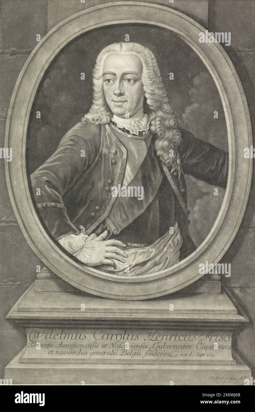 Porträt von Wilhelm IV., Prinz von Orange-Nassau, Porträt von Wilhelm IV. In einem Oval. Auf einem Sockel sein Name, seine Titel und sein Geburtsdatum., Druck, Druckerei: Johann Jacob Haid, (auf dem Objekt erwähnt), Verlag: Johann Jacob Haid, (auf dem Objekt erwähnt), Augsburg, ca. 1726 - 1767, Papier, Höhe, 407 mm x Breite, 276 mm Stockfoto