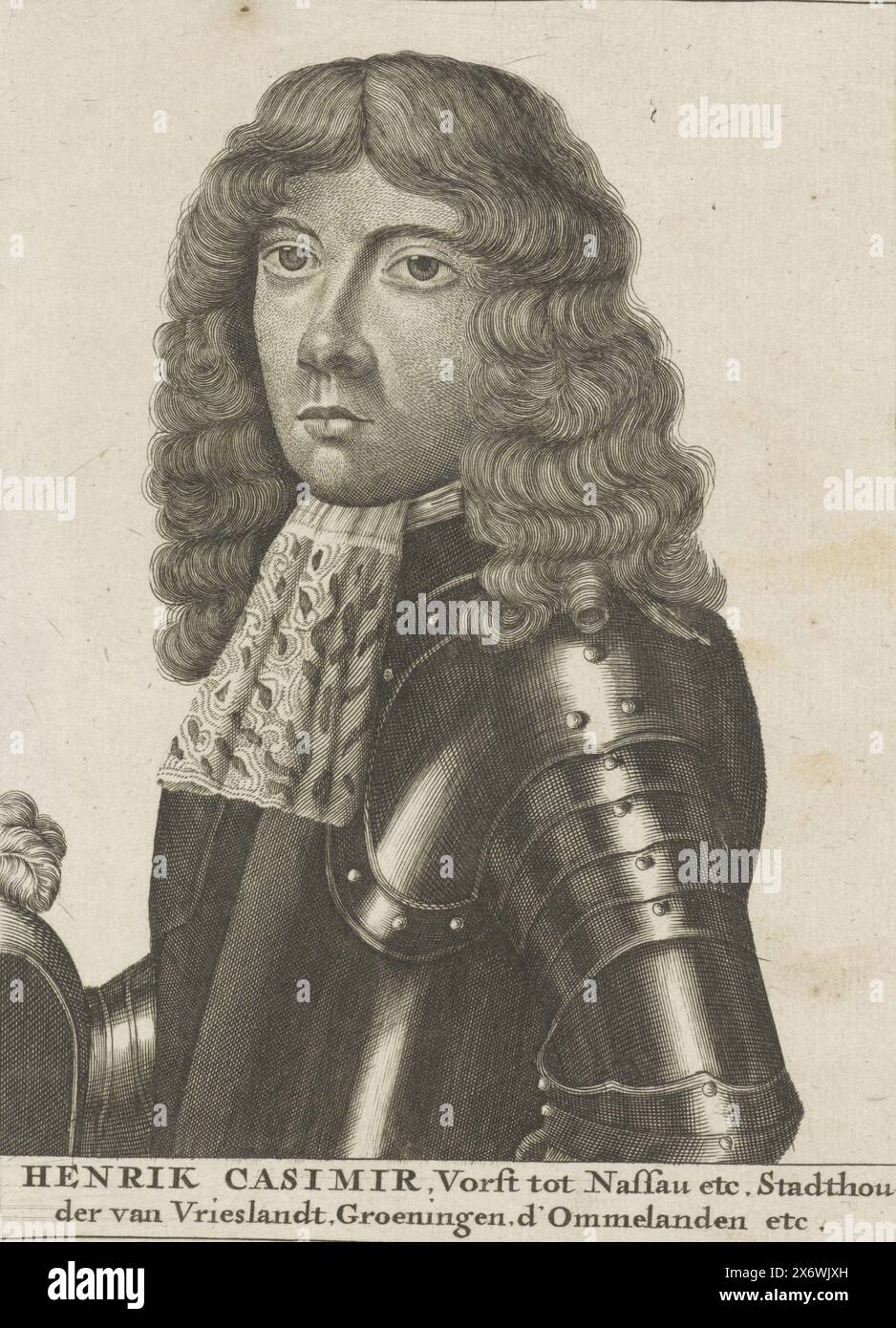 Porträt von Heinrich Kasimir II., Graf von Nassau-Dietz, Porträt von Heinrich Kasimir II. In einer Box sind Name und Titel., Druck, Druckerei: Anonym, Low Countries, 1675 - 1749, Papier, Gravur, Ätzen, Höhe, 180 mm x Breite, 126 mm Stockfoto