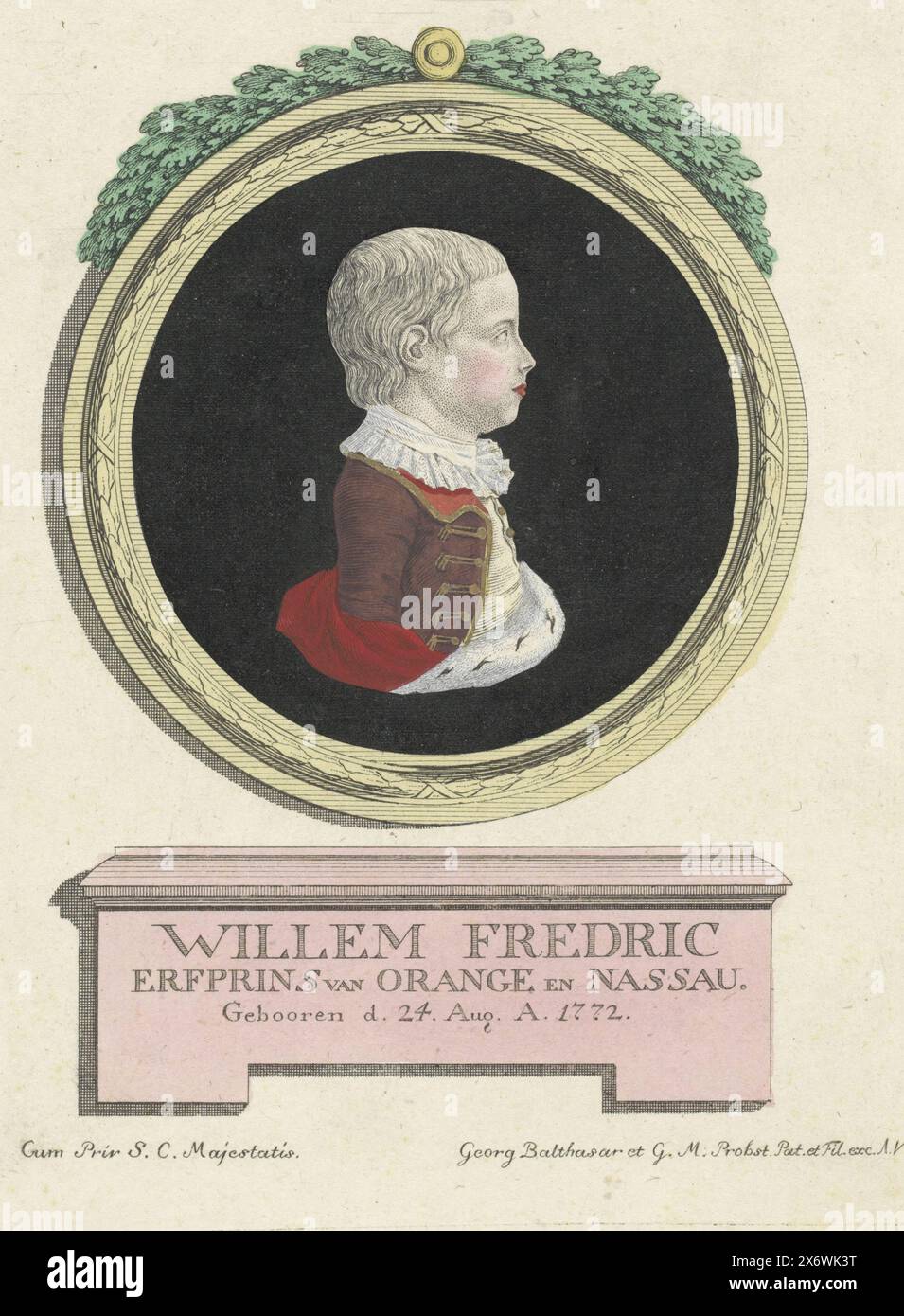 Porträt von Willem I. Frederik, König der Niederlande, Porträt von Willem I. Frederik in einem ornamentierten Kreis. Auf einem Sockel sein Name, sein Titel und sein Geburtsdatum., Druck, Druckerei: Anonym, Verlag: Georg Balthasar Probst, (erwähnt auf dem Objekt), Verlag: Georg Mathäus Probst, (erwähnt auf dem Objekt), Druckerei: Niedrige Länder, Verlag: Nordholland, Verlag: Niedrige Länder, ca. 1780 - 1788, Papier, Gravur, Ätzen, Höhe, 221 mm x Breite, 176 mm Stockfoto