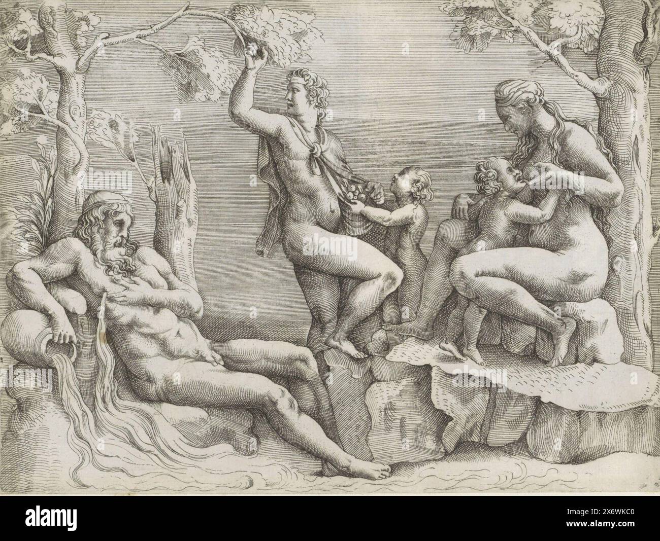 Goldene Ära, die goldene Ära. Links ein Flussgott, der einen Fluss aus seinem Nippel fließen lässt. In der Mitte pflückt ein Mann Früchte von einem Baum. Rechts eine stillende Frau., Druck, Druckerei: Battista Franco, nach Design von: Giulio Romano, Druckerei: Venedig, nach Design von: Italien, 1520 - 1561, Papier, Ätzen, Höhe, 188 mm x Breite, 253 mm Stockfoto