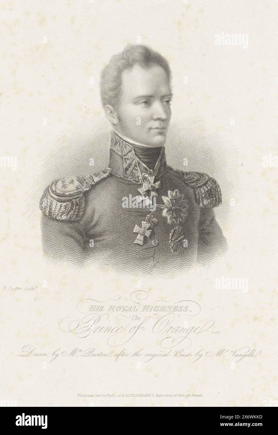 Porträt von Wilhelm II., König der Niederlande, Porträt von Wilhelm II. Drei Zeilen englischen Textes am unteren Rand., Druck, Druckerei: R. Cooper, (auf dem Objekt erwähnt), Verlag: Rudolph Ackermann, (auf dem Objekt erwähnt), Druckerei: England, (möglicherweise), Verlag: London, 20. Januar 1817, Papier, Gravur, Ätzen, Höhe, 302 mm x Breite, 251 mm Stockfoto