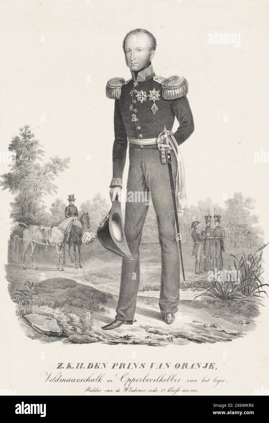 Porträt von Wilhelm II., König der Niederlande, Porträt von Wilhelm II. In seiner rechten Hand sein Hut. Soldaten im Hintergrund. Am unteren Rand befinden sich Titel., Print, Print Maker: Anonym, Low Countries, 1810 - 1899, Papier, Höhe, 335 mm x Breite, 228 mm Stockfoto