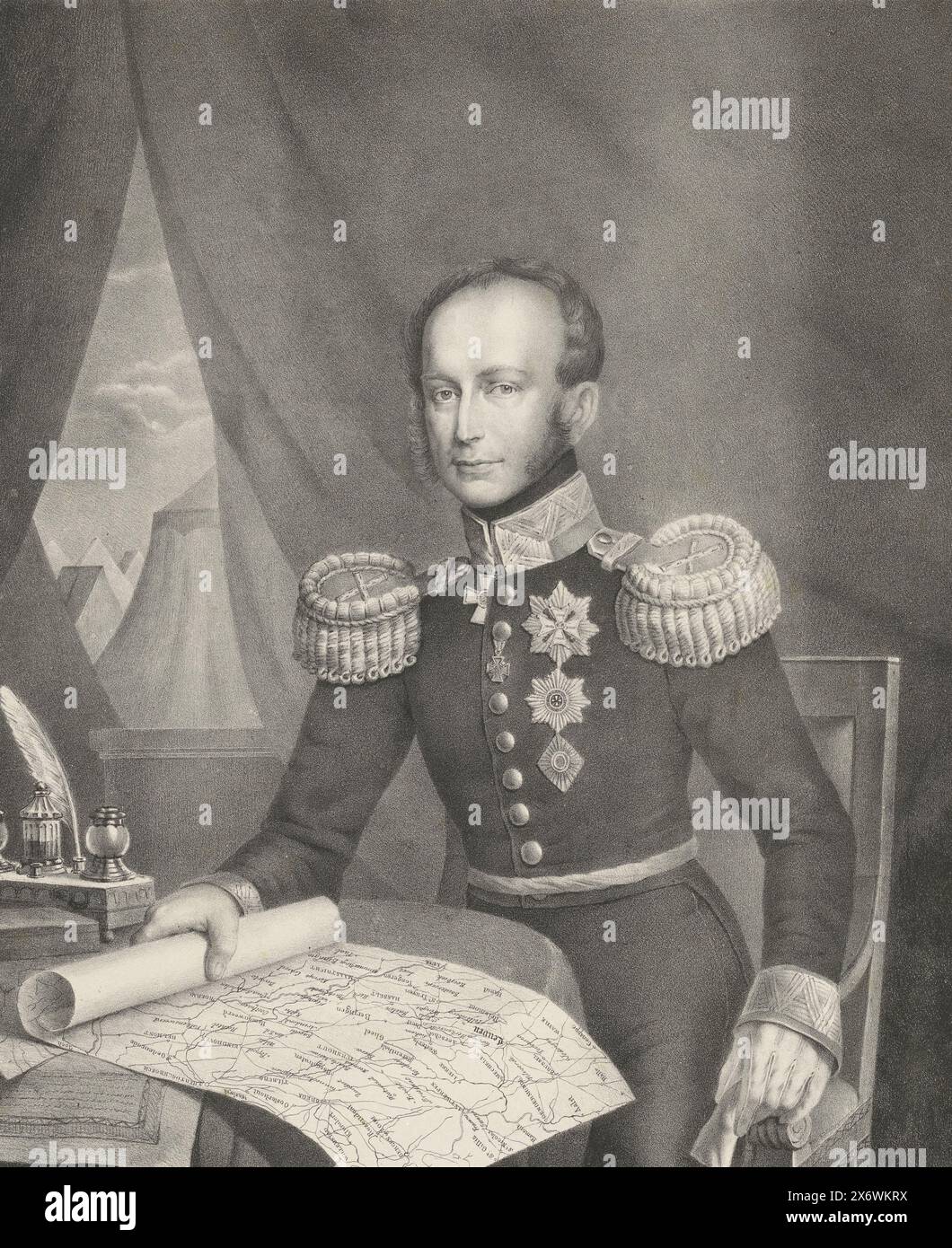 Porträt von Wilhelm II., Prinz von Orange, Porträt von Wilhelm II. Als Oberbefehlshaber der niederländischen Truppen während des 10 Days Campaign (1831) in seinem Zelt. Er sitzt hinter einem Tisch mit der Karte von Flandern. Links ein Blick auf ein Armeelager. Am unteren Rand befinden sich Name und Titel., Druck, Druckerei: Theodoor Soeterik, (auf Objekt erwähnt), nach Entwurf: Theodoor Soeterik, (auf Objekt erwähnt), Drucker: Johannes Paulus Houtman, (auf Objekt erwähnt), Utrecht, um 1831, Papier, Höhe, 592 mm x Breite, 458 mm Stockfoto