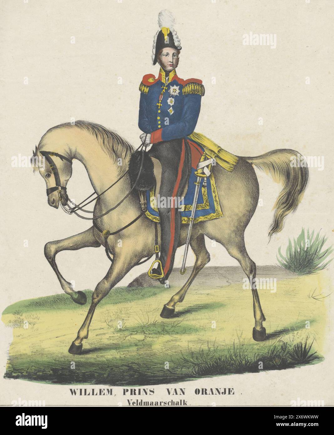 Reiterporträt von Wilhelm II., König der Niederlande, Reiterporträt von Wilhelm II. Am unteren Rand sind Name und Titel., Print, Print Maker: Anonym, Low Countries, 1810 - 1899, Papier, Höhe, 390 mm x Breite, 328 mm Stockfoto