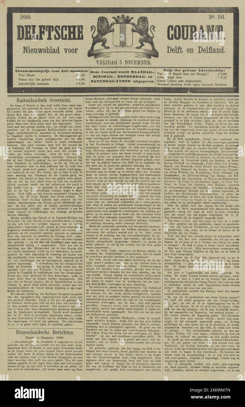 Zeitung mit einem artikel über die Beerdigung von Wilhelm III., König der Niederlande, am 4. Dezember 1890, Delftsche Courant (Titel auf Objekt), Drucker: Gebroeders Kleyn van Willigen, (erwähnt auf Objekt), Delft, 5. Dezember 1890, Papier, Buchdruck, Höhe, 464 mm x Breite, 304 mm Stockfoto