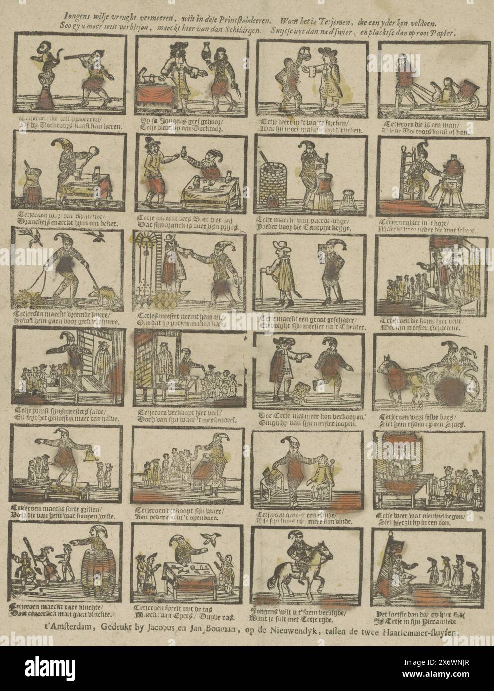 Jungs wollen deine Freude erhöhen, wollen mit diesem Druck zeigen. Denn es ist Tetjeroen, der jeden zufriedenstellen kann. Wenn Sie sich mehr gefallen wollen, machen Sie das aus Gemälden. Dann schneide es nach dem Schwimmer und lege es auf Wurzelpapier. (Titel über Objekt), Blatt mit 24 Aufführungen über das Leben des Quackers und Streich Tetjeroen. Er lernt sich selbst zum Arzt, verdient Geld von Bauern, kocht Tränke aus Pferdefeigen und fährt mit seiner Liebsten in einer Kutsche. Ein zweizeiliger Vers unter jeder Darstellung., Druck, Herausgeber: Jan Jacobsz. Bouman (erwähnt auf dem Gegenstand), Herausgeber Stockfoto