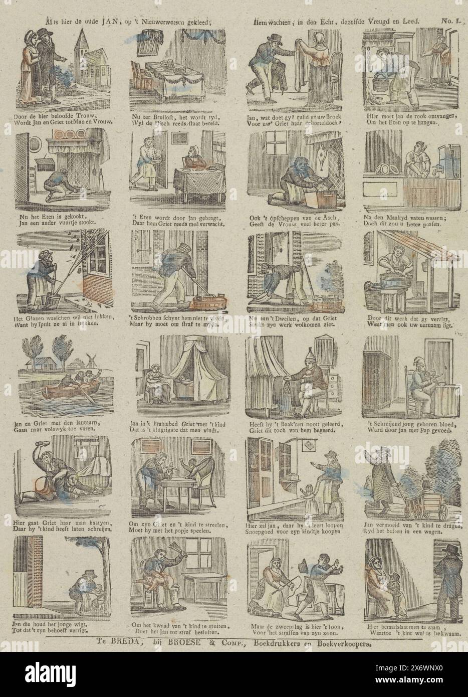 Obwohl hier der alte Jan ist, gekleidet in einem neuen Stil, der auf ihn wartet, im wirklichen Leben die gleiche Freude und Trauer (Titel auf Objekt), Blatt mit 24 Bildern aus dem Leben von Jan de Wasser, einem Mann, der seine Frau Griet liebte, wer die Hose trägt, muss die Hausarbeit erledigen. Eine zweizeilige Verse unter jeder Darstellung. Nummeriert oben rechts: No. 1., Print, Verlag: Broese & Compl., (auf dem Objekt erwähnt), Druckerei: Anonym, Breda, 1828 - 1853, Papier, Buchdruck, Höhe, 403 mm x Breite, 337 mm Stockfoto