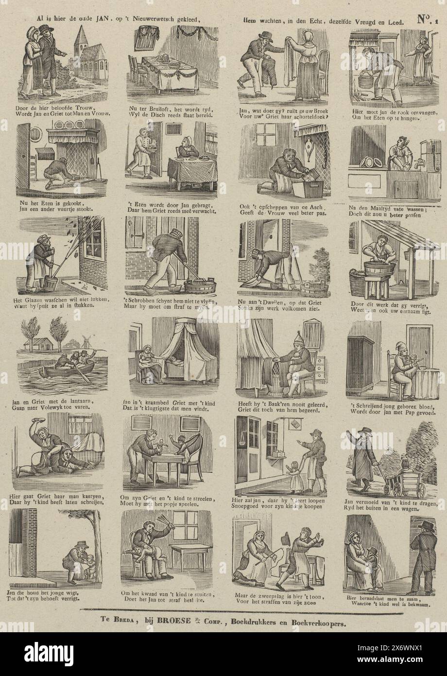 Obwohl hier der alte Jan ist, gekleidet in einem neuen Stil, der auf ihn wartet, im wirklichen Leben die gleiche Freude und Trauer (Titel auf Objekt), Blatt mit 24 Bildern aus dem Leben von Jan de Wasser, einem Mann, der seine Frau Griet liebte, wer die Hose trägt, muss die Hausarbeit erledigen. Eine zweizeilige Verse unter jeder Darstellung. Nummeriert oben rechts: No. 1., Print, Verlag: Broese & Compl., (auf dem Objekt erwähnt), Druckerei: Anonym, Breda, 1828 - 1853, Papier, Buchdruck, Höhe, 409 mm x Breite, 335 mm Stockfoto