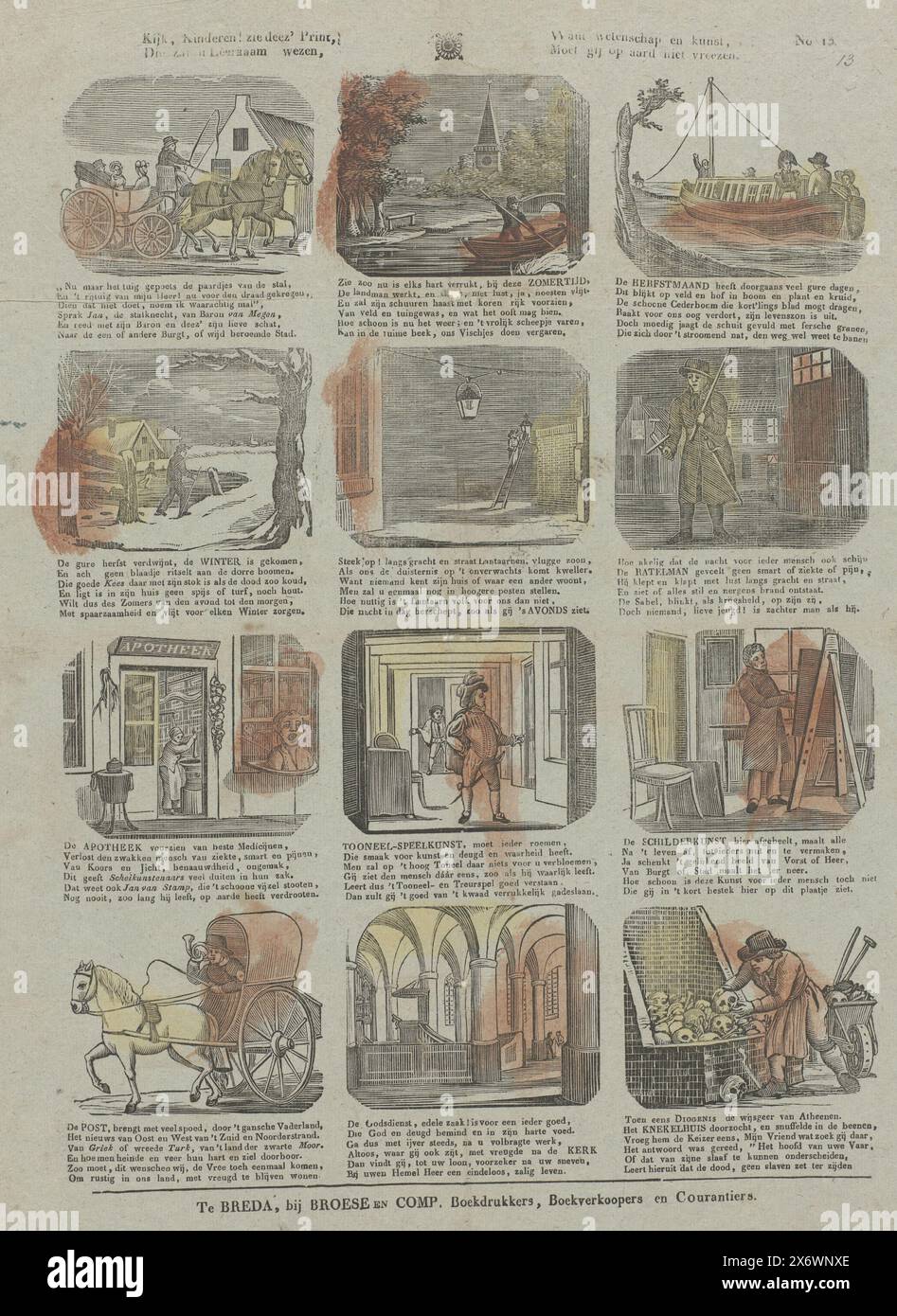 Schau auf Kinder! Sehen Sie diesen Druck, es wird Ihnen lehrreich sein, denn Wissenschaft und Kunst, Sie sollten nicht fürchten auf der Erde (Titel auf Objekt), Blatt mit 12 verschiedenen Figuren und Szenen, die unter anderem zeigen: Sommerzeit, Herbstmonat, Abend und Malerei. Unter jeder Darstellung eine sechszeilige Strophe. Nummeriert oben rechts: Nr. 13., Print, Verlag: Broese & Comp., (auf dem Objekt erwähnt), Druckerei: Anonym, Breda, 1828 - 1853, Papier, Buchdruck, Höhe, 433 mm x Breite, 337 mm Stockfoto