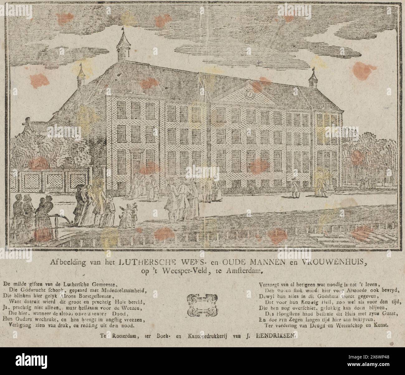 Bild des lutherischen Waisenhauses und des Hauses alter Männer und Frauen, auf 't Weesperveld, in Amsterdam (Titel auf Objekt), Blatt mit einer großen Darstellung des lutherischen Diakoniehuis auf 't Weesperveld in Amsterdam. Am unteren Rand eine sechzehnzeilige Vers in zwei Spalten. Nummeriert oben Mitte: Nr. 64., Druck, Druckerei: Hermanus Numan, (erwähnt auf Objekt), Druckerei: Hendrik Numan, (erwähnt auf Objekt), Verlag: Jan Hendriksen, (erwähnt auf Objekt), Druckerei: Amsterdam, Druckerei: Amsterdam, Verlag: Rotterdam, 1781 - 1828, Papier, Buchdruck, Höhe, 325 mm x Breite, 405 Stockfoto