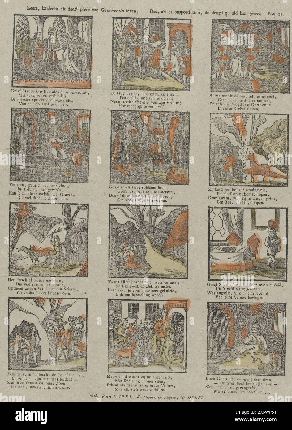 Erfährt, Kinder aus diesem Druck von Genovefas Leben, dass, wenn Unglück zuschlägt, Tugend Geduld geben kann (Titel auf Objekt), Blatt mit 12 Darstellungen über das Leben von Genoveva van Brabant. Eine vierzeilige Verse unter jeder Darstellung. Nummeriert oben rechts: Nr. 32., Druck, Gebroeders Van Kapel, (erwähnt auf dem Objekt), Verlag: T.C. Hoffers, Druckerei: Anonym, Rijswijk, Verlag: Rotterdam, Druckerei: Niederlande, 1820 - 1837, Papier, Buchdruck, Höhe, 423 mm x Breite, 340 mm Stockfoto