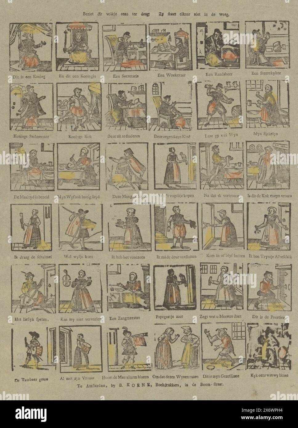 Schauen Sie sich diese Leute genauer an, sie wiegen sich nicht gegenseitig (Titel auf Objekt), Blatt mit 36 Darstellungen verschiedener Figuren und Berufe, darunter ein König, ein Vogelverkäufer und ein Schlagzeuger. Untertitel unter jeder Aufführung., Print, Verlag: Barend Koene (III), (auf dem Objekt erwähnt), Druckerei: Anonym, Verlag: Amsterdam, Druckerei: Niederlande, 1814 - 1830, Papier, Buchdruck, Höhe, 406 mm x Breite, 330 mm Stockfoto