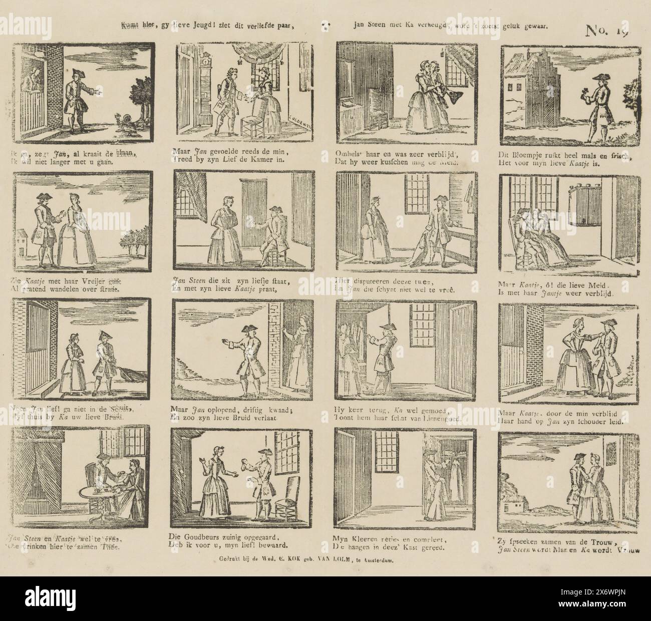 Komm her, lieber Junge! Sieht dieses verliebte Paar, Jan Steen freut sich mit Ka, erlebt das süßeste Glück (Titel auf Objekt), Blatt mit 16 Aufführungen über das Leben des liebenden Jan Steen und seiner Kaatje. Eine zweizeilige Verse unter jeder Darstellung. Nummeriert oben rechts: Nr. 19., Druck, Druckerei: Jacob Coldewijn, (erwähnt auf Objekt), Verlag: weduwe C. Kok-van Kolm, (erwähnt auf Objekt), Druckerei: Niederlande, Verlag: Amsterdam, 1842 - 1866, Papier, Buchdruck, Höhe, 330 mm x Breite, 396 mm Stockfoto