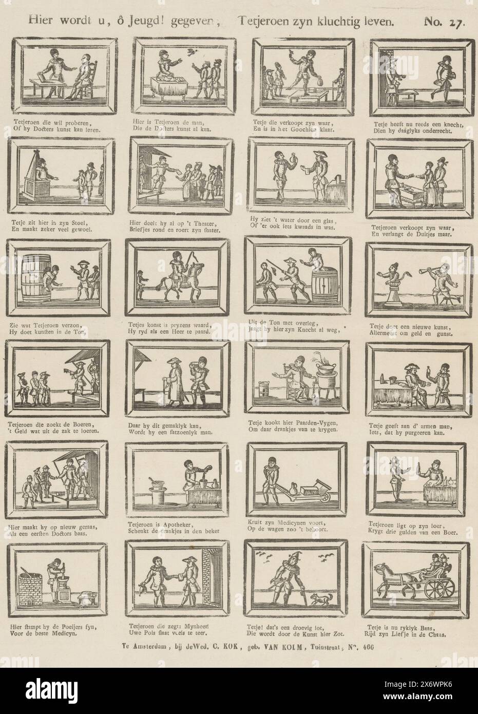 Hier wirst du, O Jüngling! Tetjeroens farzisches Leben (Titel über Objekt), Blatt mit 24 Aufführungen über das Leben des Quackers und Streich Tetjeroen. Er lernt sich selbst zum Arzt, verdient Geld von Bauern, kocht Tränke aus Pferdefeigen und fährt mit seiner Liebsten in einer Kutsche. Eine zweizeilige Verse unter jeder Darstellung. Nummeriert oben rechts: Nr. 27., Print, Verlag: weduwe C. Kok-van Kolm, (auf dem Objekt erwähnt), Druckerei: Anonym, Verlag: Amsterdam, Druckerei: Niederlande, 1842 - 1866, Papier, Buchdruck, Höhe, 390 mm x Breite, 320 mm Stockfoto