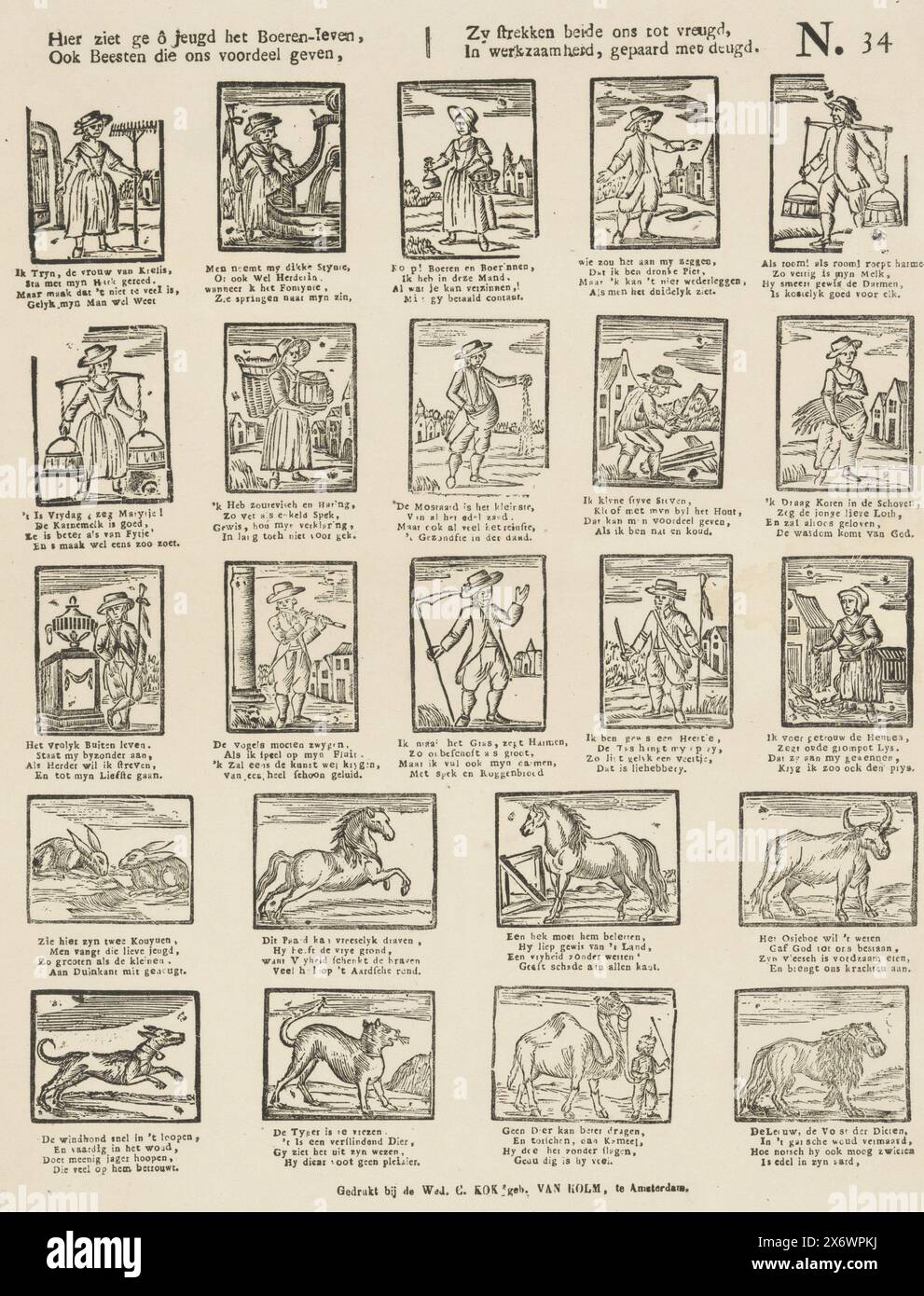 Hier sehen Sie das Leben des Bauern als Jugend, auch Tiere, die uns Vorteile geben, beide bringen uns Freude, in der Aktivität, begleitet von Tugend (Titel auf Objekt), Blatt mit 25 Darstellungen von verschiedenen Tieren und Figuren. Eine vierzeilige Verse unter jeder Darstellung. Rechts oben nummeriert: N. 34., Print, Verlag: weduwe C. Kok-van Kolm, (auf dem Objekt erwähnt), Druckerei: Anonym, Verlag: Amsterdam, Druckerei: Niederlande, 1842 - 1866, Papier, Buchdruck, Höhe, 394 mm x Breite, 322 mm Stockfoto