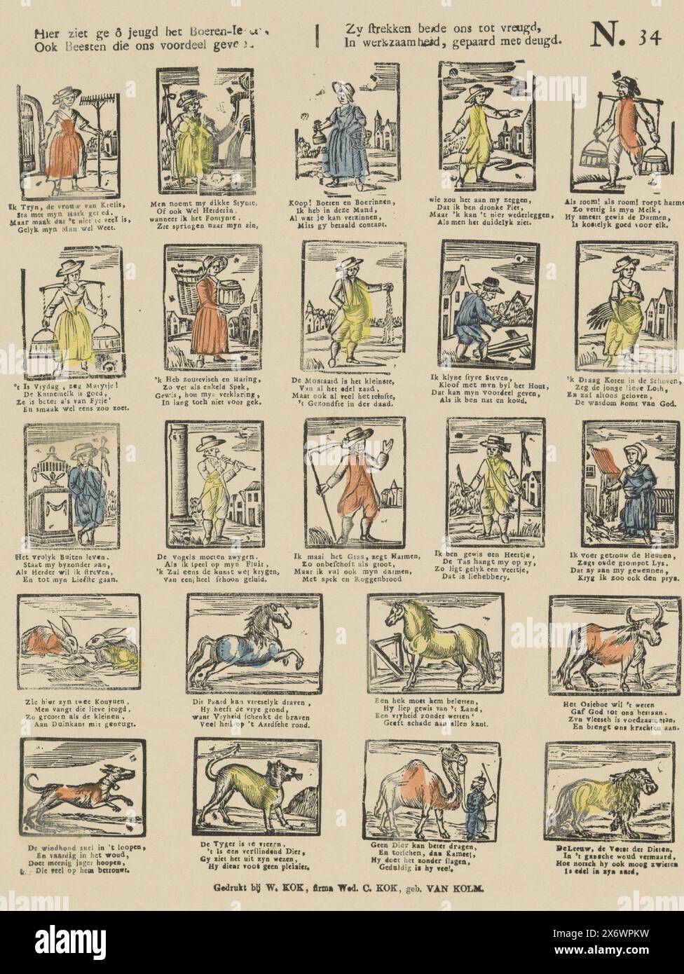 Hier sehen Sie das Leben des Bauern als Jugend, auch Tiere, die uns Vorteile geben, beide bringen uns Freude, in der Aktivität, begleitet von Tugend (Titel auf Objekt), Blatt mit 25 Darstellungen von verschiedenen Tieren und Figuren. Eine vierzeilige Verse unter jeder Darstellung. Rechts oben nummeriert: N. 34., Print, Verlag: weduwe C. Kok-van Kolm, (auf dem Objekt erwähnt), Druckerei: Anonym, Verlag: Amsterdam, Druckerei: Niederlande, 1842 - 1866, Papier, Buchdruck, Höhe, 388 mm x Breite, 322 mm Stockfoto