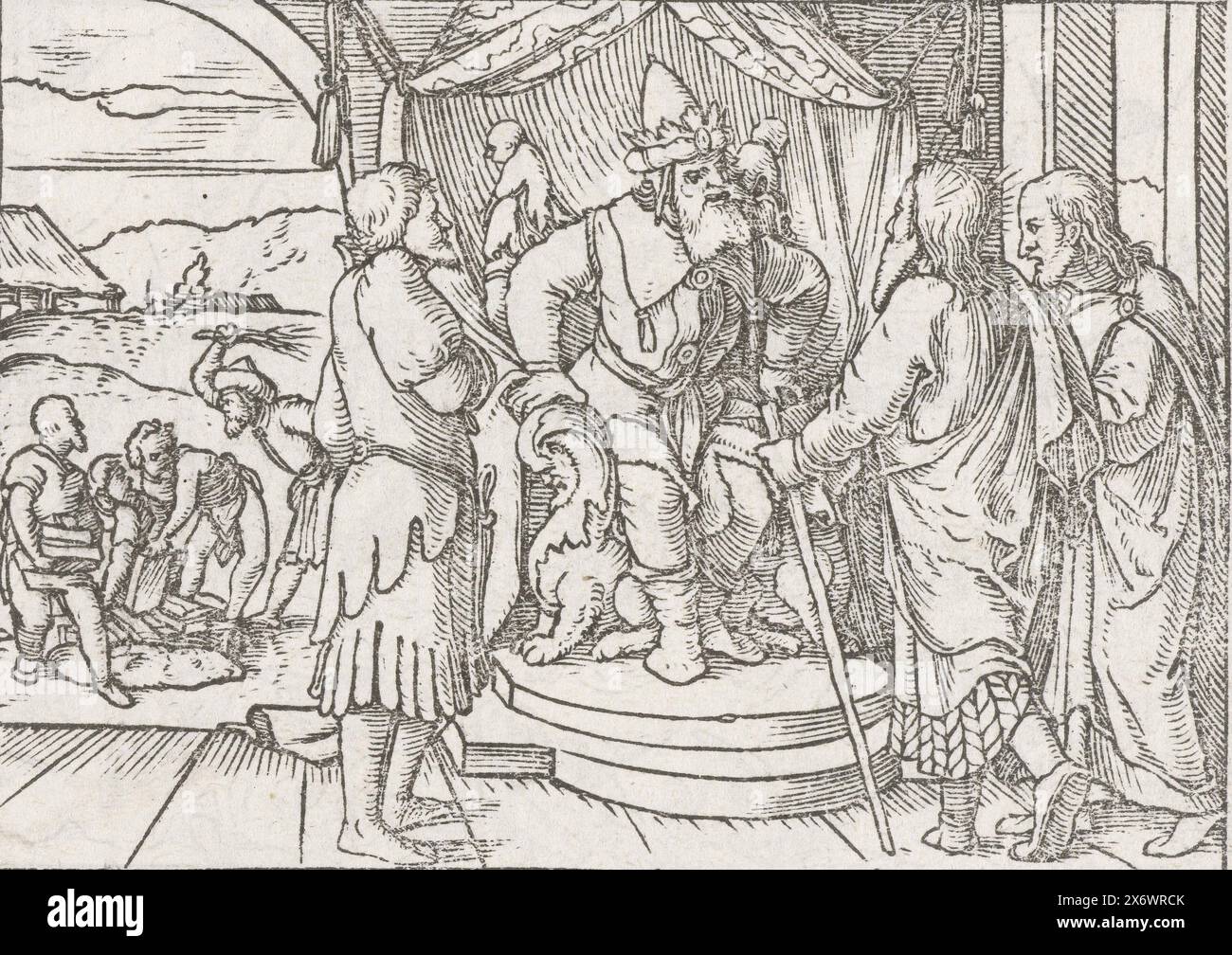 Moses und Aaron diskutieren mit Pharao über Israel, Moses und Aaron bitten Pharao, die Israeliten freizulassen. Im Hintergrund links sind die Israeliten hart in der Arbeit und werden wie Sklaven behandelt. Am Rand über dem Bild befindet sich der Text Exodi V Stockfoto