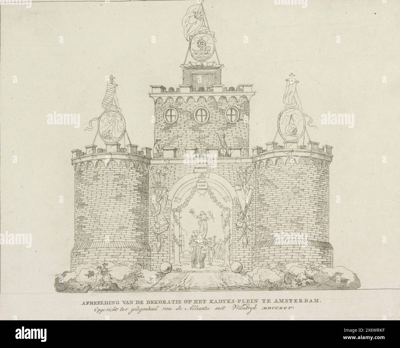 Allgemeine Verstärkung, Dekoration auf dem Kadijksplein, 1795, Bild der Dekoration auf dem Kadyks-Plein in Amsterdam. Errichtet anlässlich der Allianz mit Vrankryk MDCCXCV (Titel über Objekt), zehn Dekorationen beim Alliance Festival in Amsterdam 1795 (Serientitel), de Algemeen Wapening, allegorische Dekoration am Kadijksplein in Amsterdam beim Alliance Festival am 19. Juni 1795. Mittelalterliche Burg auf Felsen, Symbole der Astronomie, Hydrographie und Geometrie auf den Türmen. Auf dem Fahrgestell in der Unterführung wird Freedom von Batavian und französischen Seeleuten auf einem Schild gehisst Stockfoto