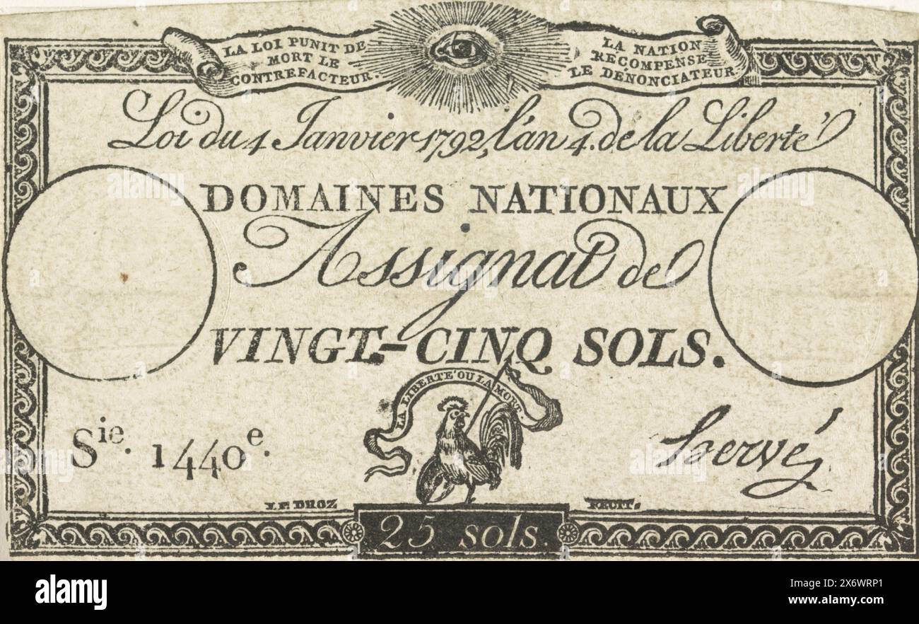 Assignat von 25 Sols, 1790-1796, Assignat de vingt-cinq Sols (Titel auf Objekt), französischer Assignat im Wert von 25 Sols. Umlauf der Domaines nationaux, Serie 1440, ohne Datum., Druck, Druckerei: Jean-Pierre Droz, (auf dem Gegenstand erwähnt), Verlag: Domaines nationaux, (auf dem Gegenstand erwähnt), Frankreich, 1790 - 1796, Papier, Höhe, 60 mm x Breite, 97 mm Stockfoto