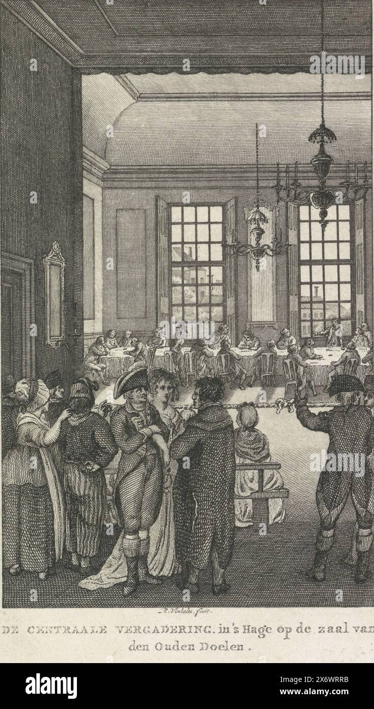 Generalversammlung in den Haag, 1795, Zentralversammlung. In der Hage im Saal von den Ouden Doelen (Titel über Objekt) fand am 28. August 1795 die Generalversammlung mit offenen Türen im Saal des Hotels de Oude Doelen in den Haag statt. Tagung zur Vorbereitung des Nationalkonvents., Druck, Druckerei: Reinier Vinkeles (I), (auf dem Objekt erwähnt), Niederlande, 1803 - 1805, Papier, Ätzen, Gravieren, Höhe, 165 mm x Breite, 102 mm Stockfoto