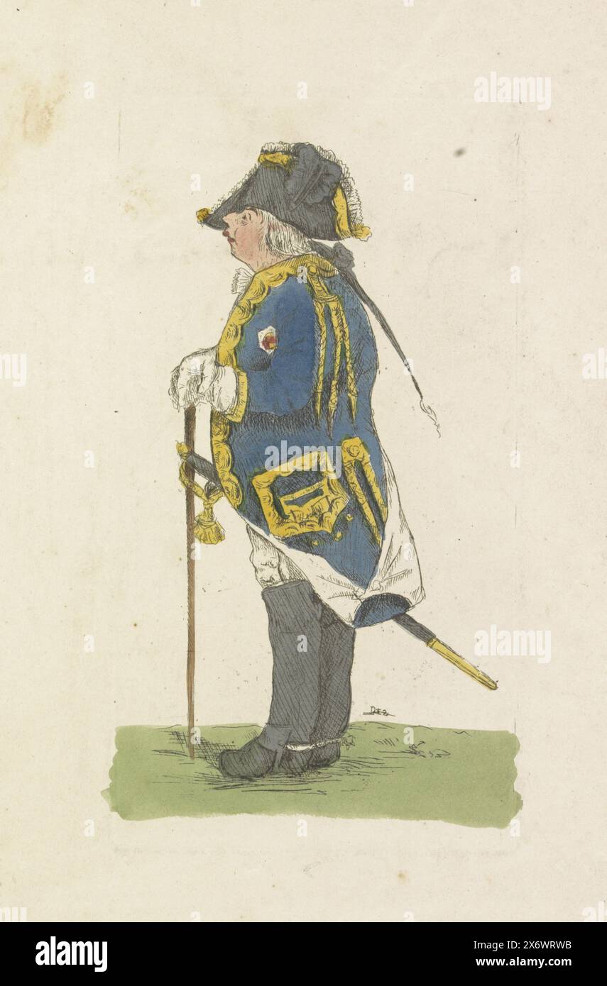 Karikatur von Willem V., ca. 1796 (?), Karikatur von Willem V., Prinz von Orange. Möglicherweise um 1796. Stehend in altmodischer Militäruniform mit Gehstock, im Profil nach links., Druck, Druckerei: Robert Dighton, (auf dem Objekt erwähnt), London, 1795 - 1799, Papier, Ätzen, Gravieren, Höhe, 206 mm x Breite, 110 mm, Höhe, 297 mm x Breite, 245 mm Stockfoto