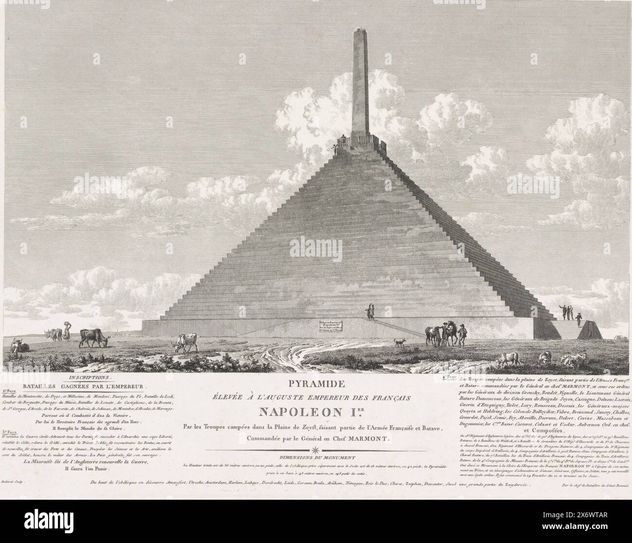 Pyramide von Austerlitz, 1805, Pyramide élevée à l'auguste Kaiser des Franzais Napoleon Ier. Par les troupes campéesdans la Plaine de Zeyst, Faisant partie de l’Armée Francaise et Batave, Commandé par le Général en Chef Marmont (Titel auf Objekt), Blick auf die Austerlitzer Pyramide, erbaut von Napoleons Soldaten in den Jahren 1804–1805. In der Bildunterschrift die französischen Inschriften auf den vier Seiten der Pyramide., Druck, Druckerei: Louis Pierre Baltard, Frankreich, 1805, Papier, Ätzung, Gravur, Höhe, 333 mm x Breite, 433 mm Stockfoto