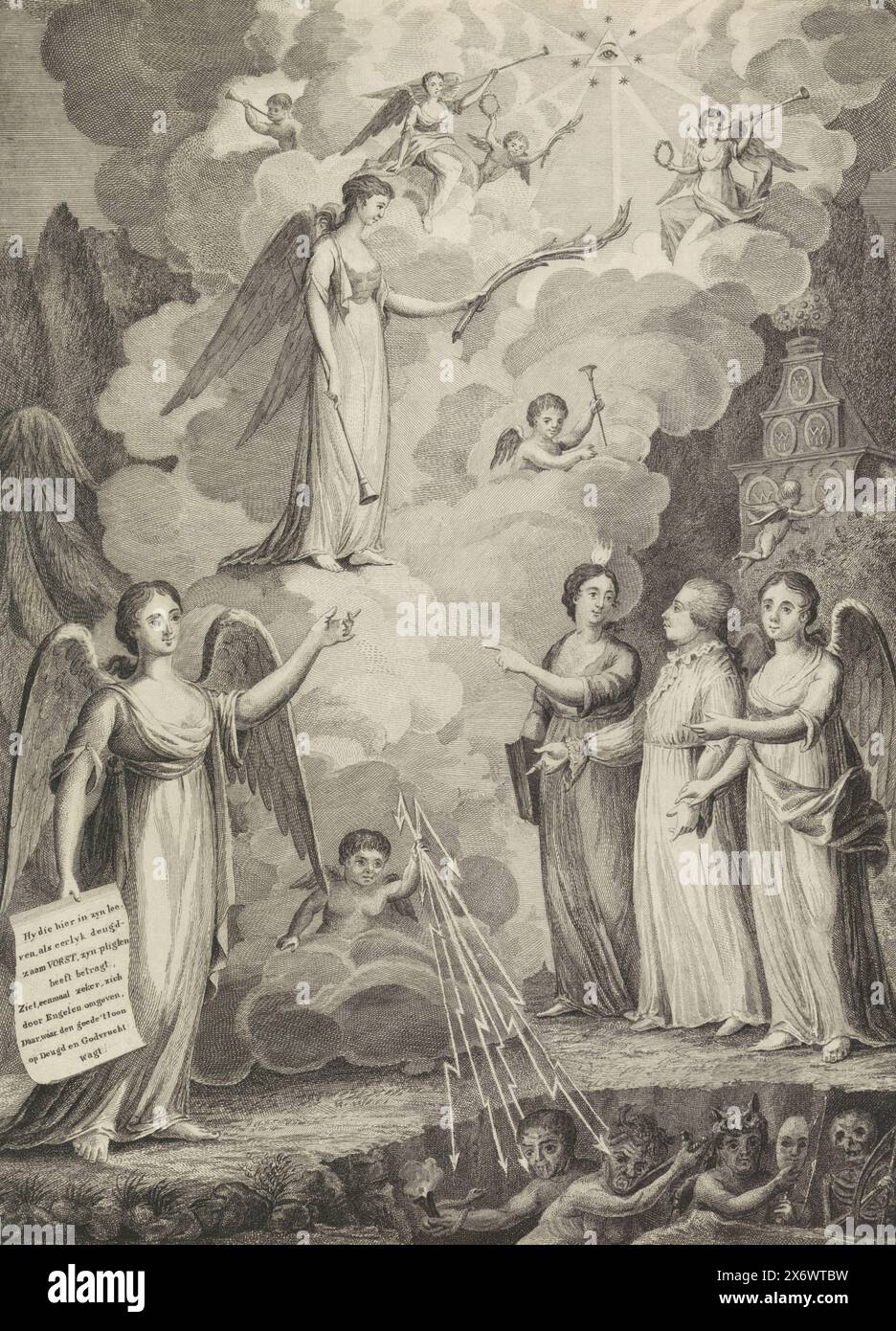 Willem V. von Engeln, 1806, Allegory nach dem Tod von Prinz Willem V. am 9. April 1806. Der Prinz wird von Engeln aufgefangen, ein Engel steigt mit Trompete und Palmenzweig vom Himmel herab. Im Himmel das alles sehende Auge. Gegenüber dem Prinzen ein Engel mit einem Blatt mit einer Inschrift über die Tugend des Prinzen. Im Vordergrund werden Evil Talking, Neid, Falschheit und Tod mit Blitzschlägen in die Hölle gejagt., Print, Print Maker: Anonymous, Niederlande, 1806, Papier, Ätzen, Gravieren, Höhe, 327 mm x Breite, 236 mm Stockfoto