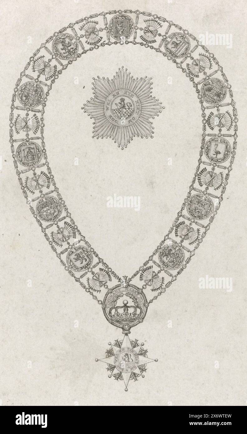 Ordenskette mit dem großen Kreuz des Königlichen Ordens von Holland, 1807, die große Kette mit dem Kreuz des Königlichen Ordens von Holland, später Orden der Union genannt. Auszeichnung durch König Ludwig Napoleon, erstmals 1806. Diese Variante der Dekoration mit einem schwimmenden oder auftauchenden Löwen stammt vom 14. Februar 1807., Druckerei: Anonym, Niederlande, 1807 - 1810, Papier, Ätzen, Gravieren, Höhe, 182 mm x Breite, 110 mm Stockfoto