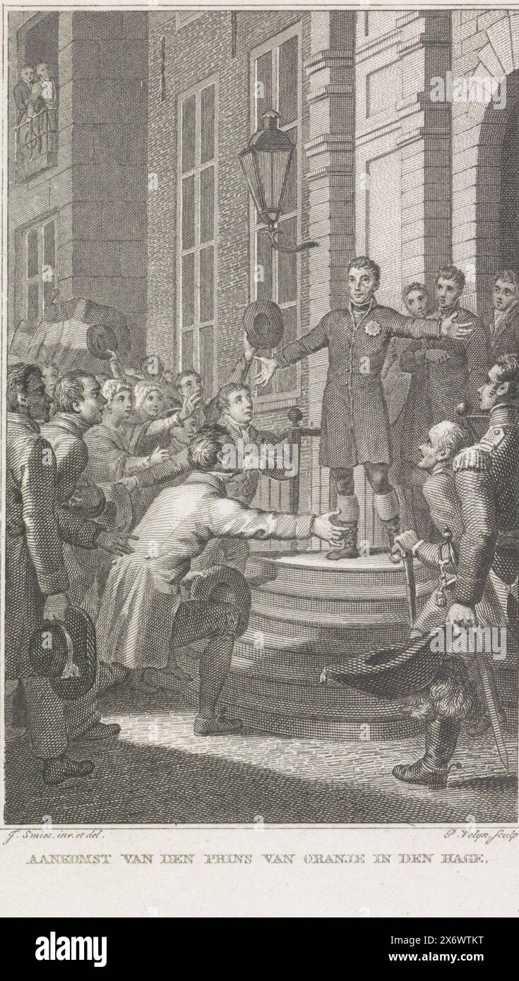 Prinz von Orange in den Haag, 1813, Ankunft des Prinzen von Orange in der Hage (Titel auf Objekt), der Prinz von Orange auf der Treppe vor dem Haus Leopold, Graf von Limburg Stirum in den Haag am 30. November 1813. Die jubelnde Menge auf der linken Seite., Druck, Druckerei: Philippus Velijn, (auf dem Objekt erwähnt), nach Zeichnung von: Jacob Smies, (auf dem Objekt erwähnt), Niederlande, 1823 - 1829, Papier, Ätzen, Höhe, 240 mm x Breite, 151 mm Stockfoto