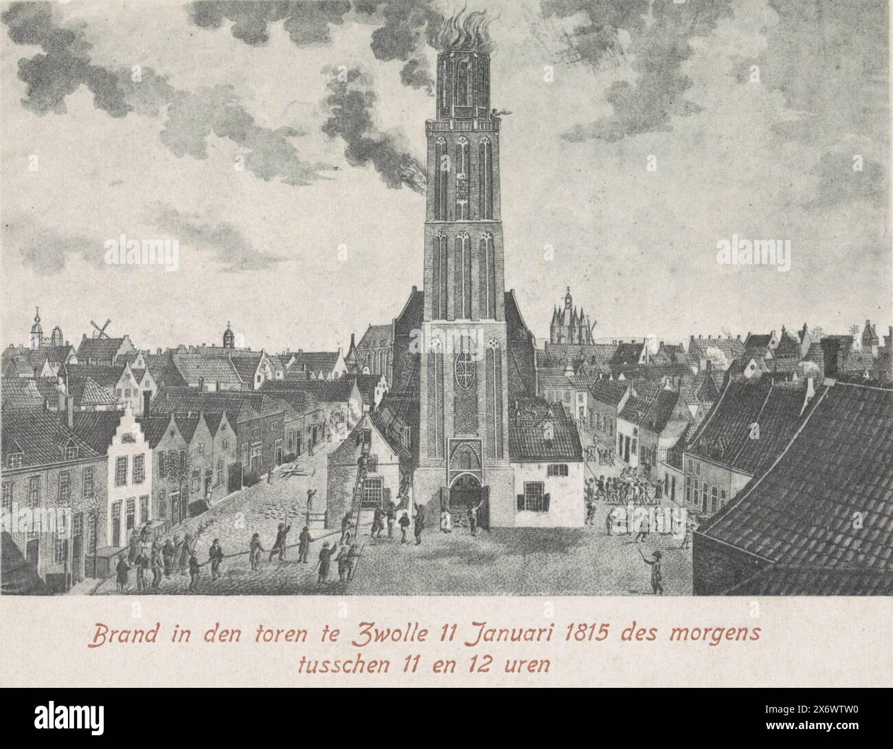 Feuer im Turm der Basilika unserer Lieben Frau von der Himmelfahrt in Zwolle, 1815, Feuer im Turm in Zwolle 11. Januar 1815 morgens zwischen 11 und 12 Uhr (Titel auf Objekt), Nachdruck des Druckes von 1815 mit dem Feuer im Peperbus, der Turm der Basilika unserer Lieben Frau von der Himmelfahrt, in Zwolle am 11. Januar 1815, Verlag: Alex Pijnaker, (auf dem Objekt erwähnt), nach Druck von: Dirk Sluyter, Verlag: den Haag, nach Druck von: Niederlande, 1900 - 1905, Papier, Höhe, 90 mm x Breite, 140 mm Stockfoto