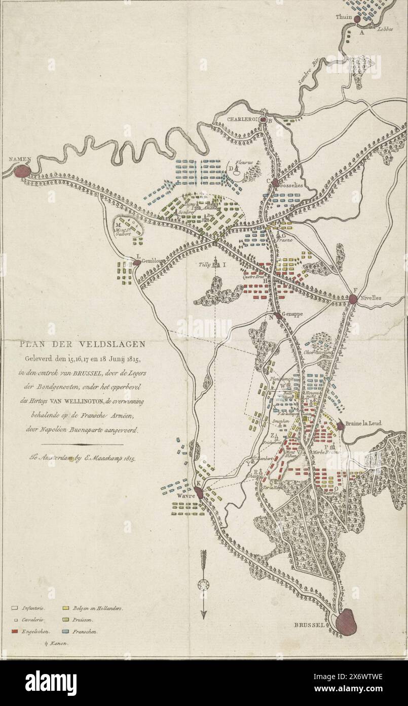 Plan der Schlachten bei Quatre-Bras und Waterloo, 15.-18. Juni 1815, Plan der Schlachten, die am 15., 16., 17. Und 18. Juni 1815 von den Armeen der Alliierten unter dem Oberkommando des Herzogs von Wellington durchgeführt wurden, um den Sieg über die französischen Armenier zu erringen, angeführt von Napoléon Buonaparte (Titel zum Objekt), Karte der Region zwischen Brüssel und Charleroi, wo zwischen dem 15. und 18. Juni 1815 Gefechte zwischen den Armeen in Ligny, Wavre, Quatre-Bras und Waterloo der Alliierten und der französischen Armee unter Napoleon ausgetragen wurden. Die Kampfbefehle der Armeen werden auf der Karte angezeigt. Die verschiedenen Orte Stockfoto