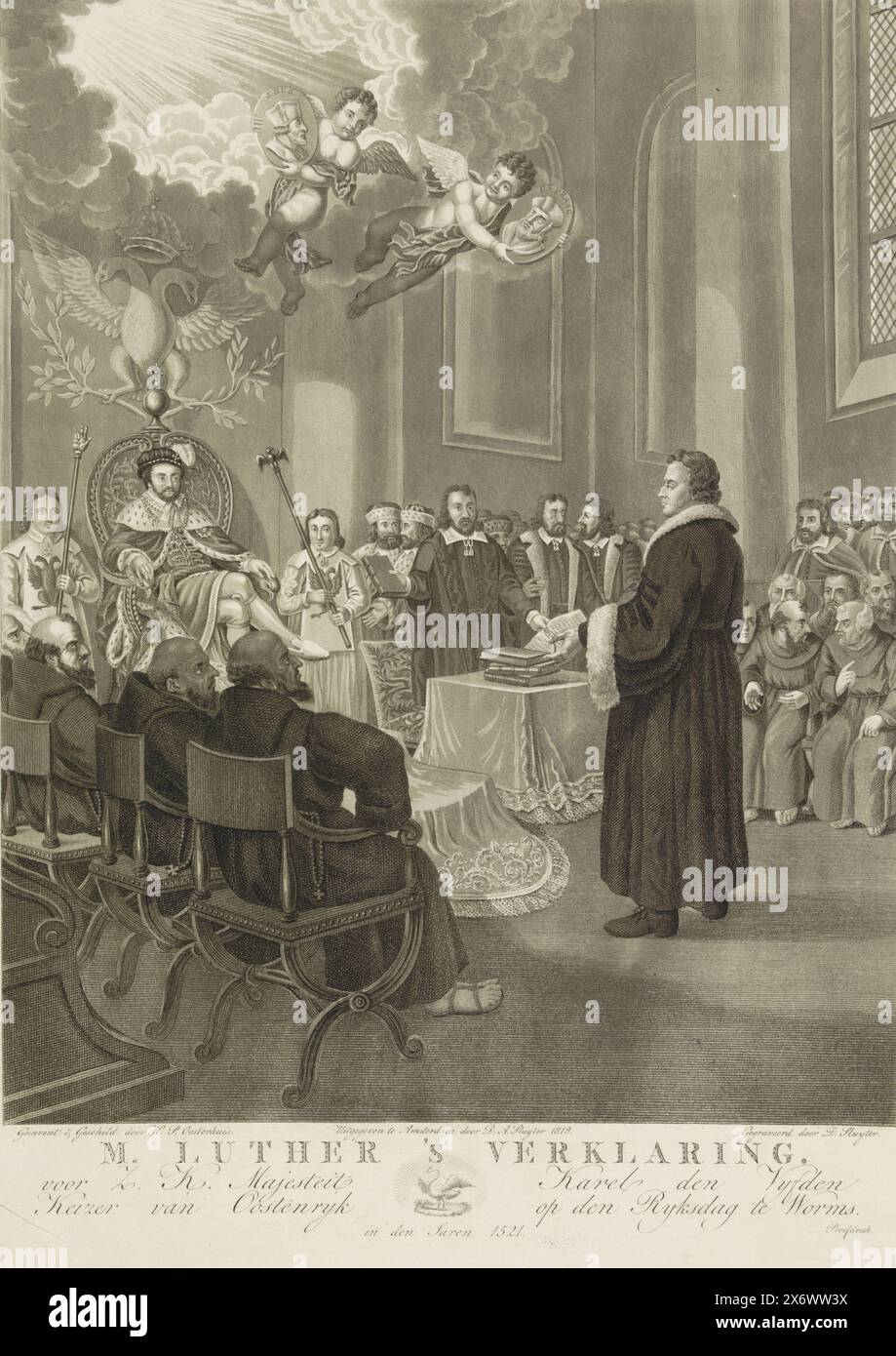 Luther auf dem Reichstag in Worms, 1521, M. Luthers Erklärung. Für Z.K. Eure Majestät Karl den Fünften Kaiser von Österreich auf dem Reichstag in Worms. In den 1521 verteidigt sich Martin Luther beim Reichstag in Worms am 18. April 1521 gegen Kaiser Karl V.. In der Luft zwei Putten mit Porträts von Jan Hus und Hieronymus van Praag. In der Bildunterschrift ein Schwan, das Symbol der lutherischen Kirche. Vermutlich im Zusammenhang mit dem 3. Jahrhundert der Reformation, 1517-1817., Druck, Druckerei: Dirk Sluyter, (auf dem Objekt erwähnt), nach Entwurf von: Haatje Pieters Stockfoto