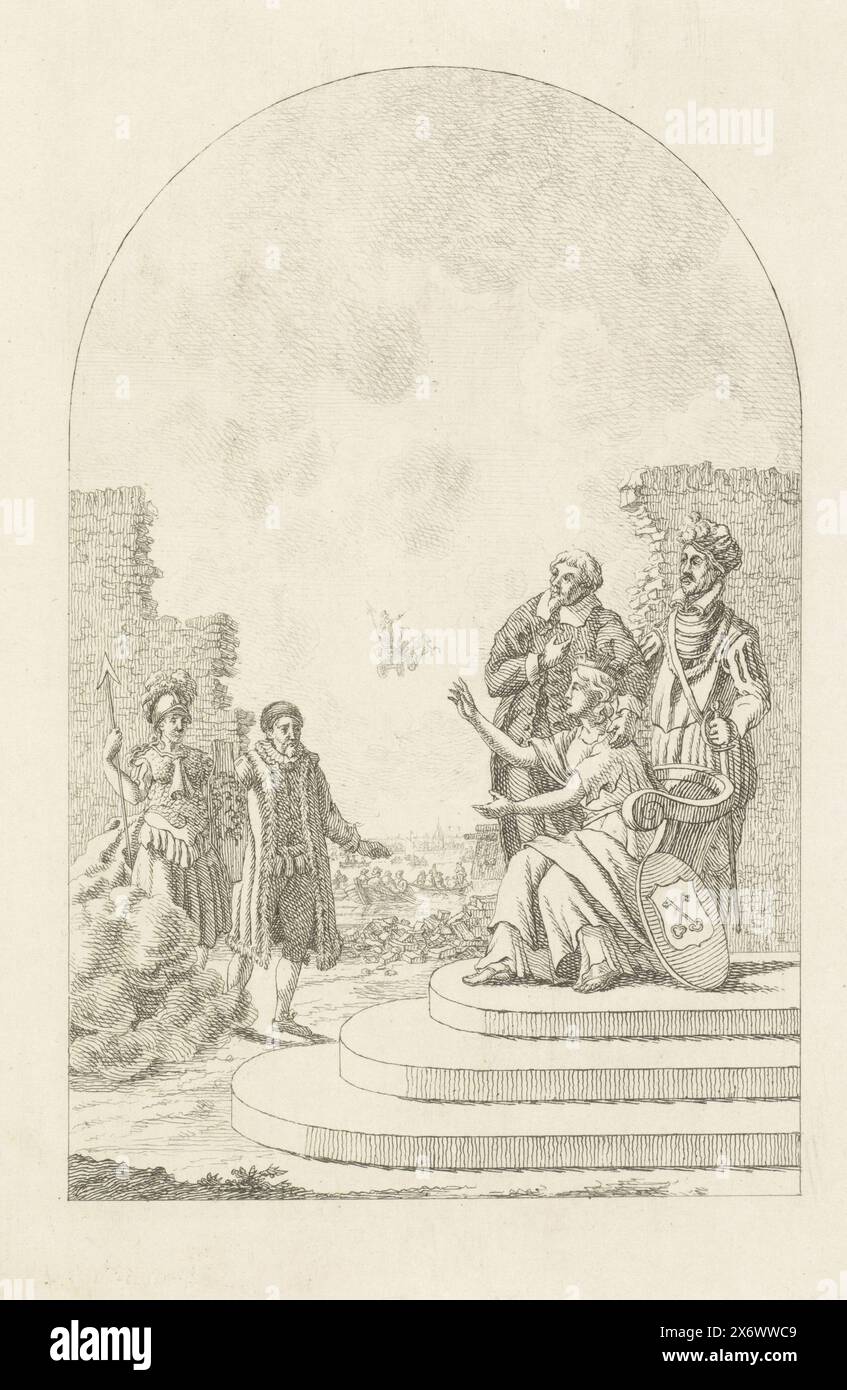 Chassinet mit Wilhelm von Orange und Minerva vor der Jungfrau von Leiden, auf dem 250-jährigen Academy Festival in Leiden, 1825 stehen Wilhelm von Orange und Minerva vor der Jungfrau von Leiden, die versucht, von ihrem Thron zu steigen, um die beiden zu begrüßen. Hinter ihr stehen zwei stehende Männer: Johan van der Does und Bürgermeister Pieter van der Werff. Vor dem Hintergrund einer gebrochenen Ziegelmauer. Durch die Mauer ein Blick auf Boote auf dem Wasser, mit denen während der Relief von Leiden Nahrung in die Stadt gebracht wurde. Am Himmel hebt Mars mit seinem Wagen ab. Diese Szene wurde auf einem Chassinet dargestellt Stockfoto