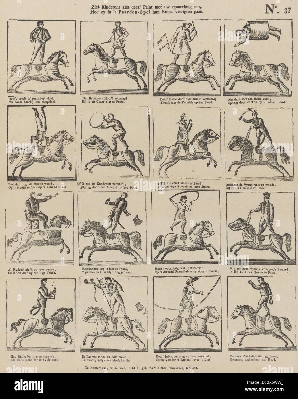 Kinder Sehen! Schaut sich diesen Druck mit deinem Kommentar an, wie sie ihre Kunst im Pferdespiel (Titel auf Objekt), Blatt mit sechzehn Aufführungen von Zirkuskünstlern, Männern und Frauen, die Akrobatik auf dem Rücken eines Pferdes vorführen. Unter jedem Bild befindet sich eine zweizeilige Strophe. Ca. 1800-1850. Nummeriert oben rechts: Nr. 37., Druck, Drucker: weduwe C. Kok-van Kolm, (auf dem Objekt erwähnt), Druckerei: Anonym, Drucker: Amsterdam, Druckerei: Niederlande, 1800 - 1850, Papier, Buchdruck, Höhe, 402 mm x Breite, 317 mm Stockfoto