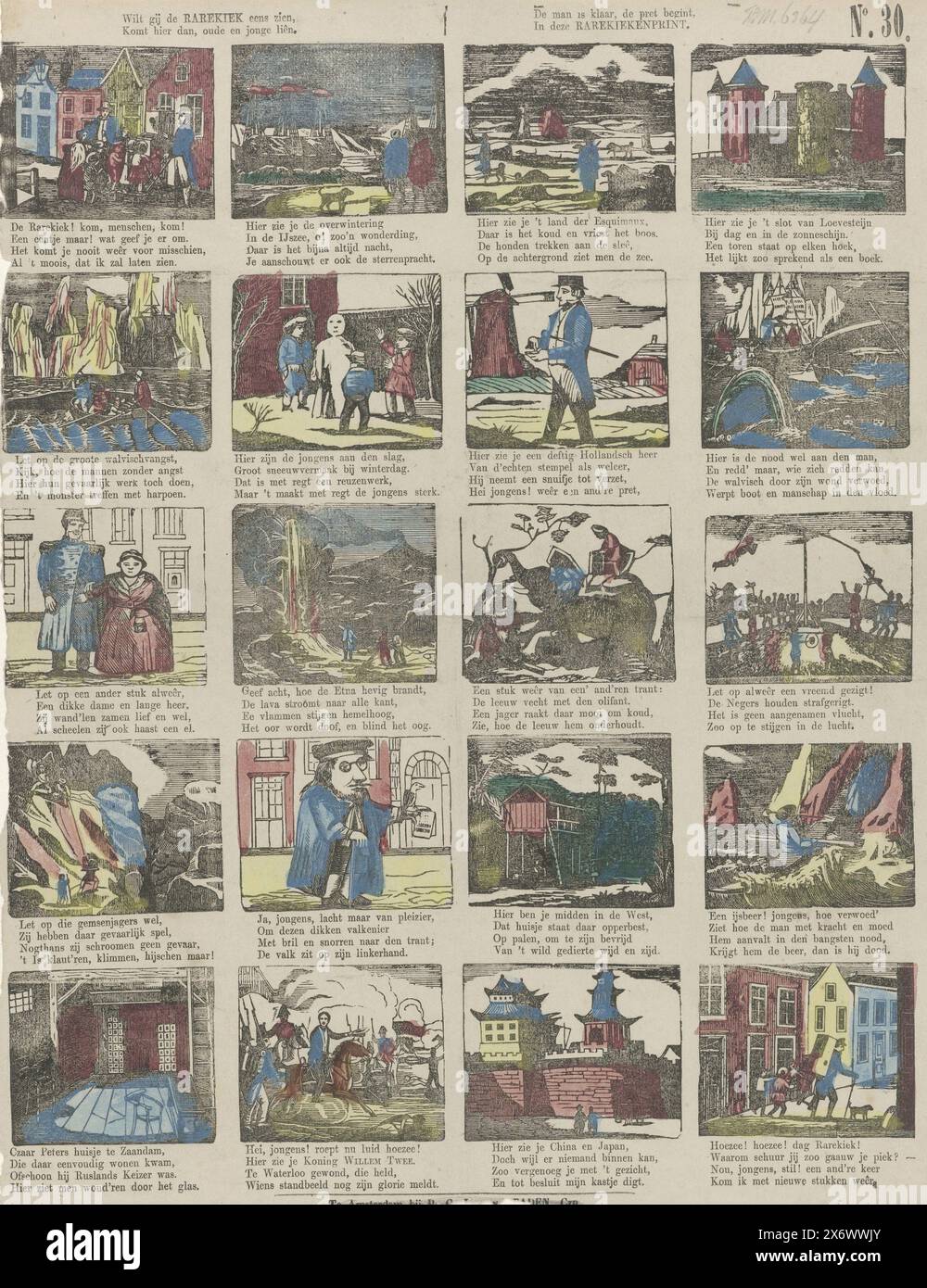 Möchten Sie den Rarekiek sehen, kommen Sie hier, alte und junge Leute., der Mann ist bereit, der Druck beginnt, in diesem Rarekieken-Druck (Titel auf Objekt), Blatt mit zwanzig Aufführungen, gezeigt von der Rarekiek. Das erste und das letzte Bild zeigen den Anfang und das Ende der Vorstellung. Unter jedem Bild befindet sich eine vierzeilige Strophe. Nummeriert oben rechts: Nr. 30. Ca. 1800-1850., Druck, Drucker: P.C.L. van Staden CZN., Druckerei: Anonym, Drucker: Amsterdam, Druckerei: Niederlande, 1850 - 1870, Papier, Holzgravur, Buchdruck, Höhe, 362 mm x Breite, 284 mm Stockfoto