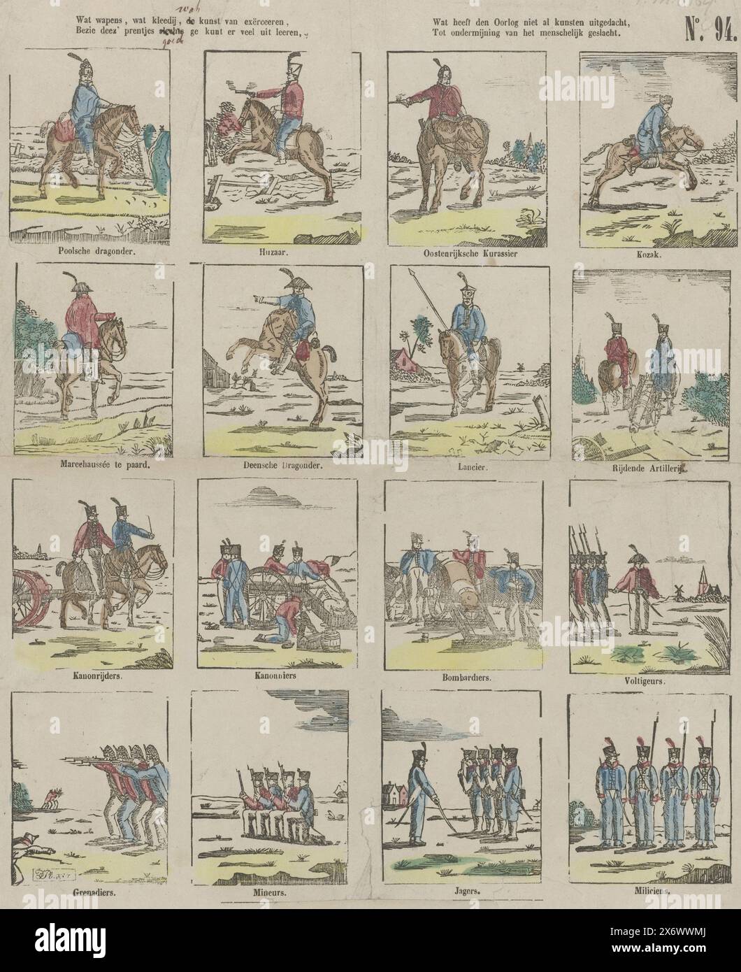Einige Waffen, einige Kleidung, die Kunst des Aufführens, sehen Sie sich diese Bilder an, Sie können viel von ihnen lernen (...) (Titel auf Objekt), Blatt mit sechzehn Darstellungen niederländischer und ausländischer Soldaten. Eine Beschriftung unter jedem Bild. Nummeriert oben rechts: Nr. 94. Ca. 1800-1850., Druck, Drucker: P.C.L. van Staden CZN., Druckerei: Jacob Plügger, (auf dem Objekt erwähnt), Drucker: Amsterdam, Druckerei: Niederlande, 1850 - 1870, Papier, Buchdruck, Höhe, 347 mm x Breite, 280 mm Stockfoto
