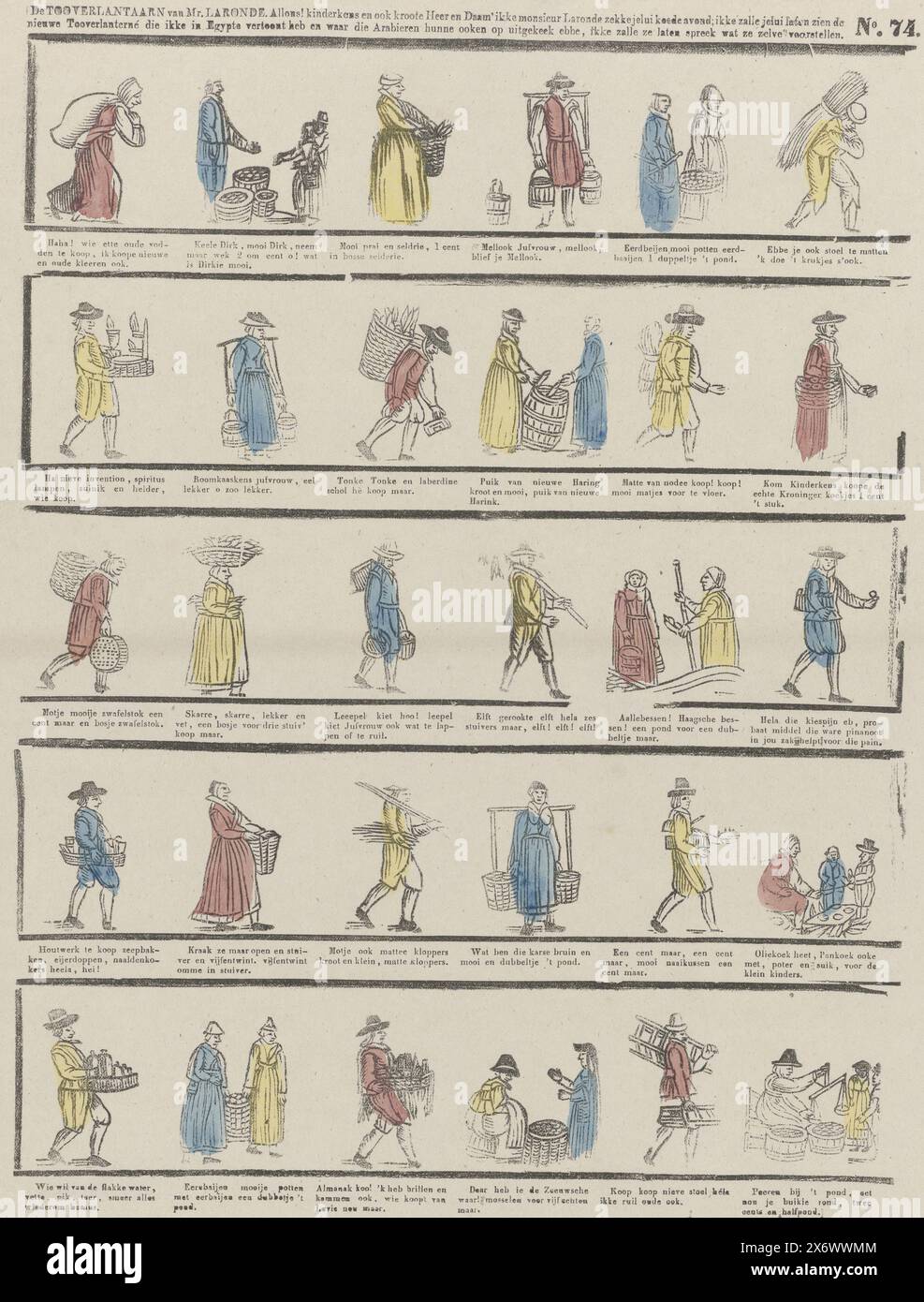Die Zauberlaterne von Mr. Laronde. Allons! Kinder und auch kroote Heer und Daam (...) (Titel über Objekt), Blatt mit fünf Blöcken mit insgesamt dreißig magischen Laternen Bildern von verschiedenen Berufen, Händlern oder Aktivitäten, Männern und Frauen. Unter jedem Bild eine zwei- oder dreizeilige Strophe. Nummeriert oben rechts: Nr. 74. Ca. 1800-1850., Druck, Drucker: P.C.L. van Staden CZN., Druckerei: Anonym, Drucker: Amsterdam, Druckerei: Niederlande, 1850 - 1870, Papier, Buchdruck, Höhe, 398 mm x Breite, 331 mm Stockfoto