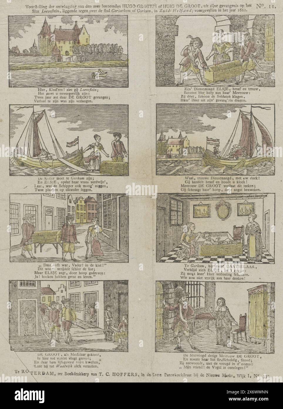 Darstellung der Flucht des sehr berühmten Hugo Grotius oder Huig de Groot (...) 1621 (Titel auf Objekt), Blatt mit acht Darstellungen der Flucht Hugo Grotius aus Schloss Loevestein 1721. Nummeriert oben rechts: Nr. 11. Ca. 1820-1830., Druck, Druckerei: Christiaan Jacob Schuyling, (auf dem Objekt erwähnt), Drucker: T.C. Hoffers, (auf dem Objekt erwähnt), Druckerei: Niederlande, Drucker: Rotterdam, 1820 - 1830, Papier, Buchdruck, Höhe, 383 mm x Breite, 325 mm Stockfoto