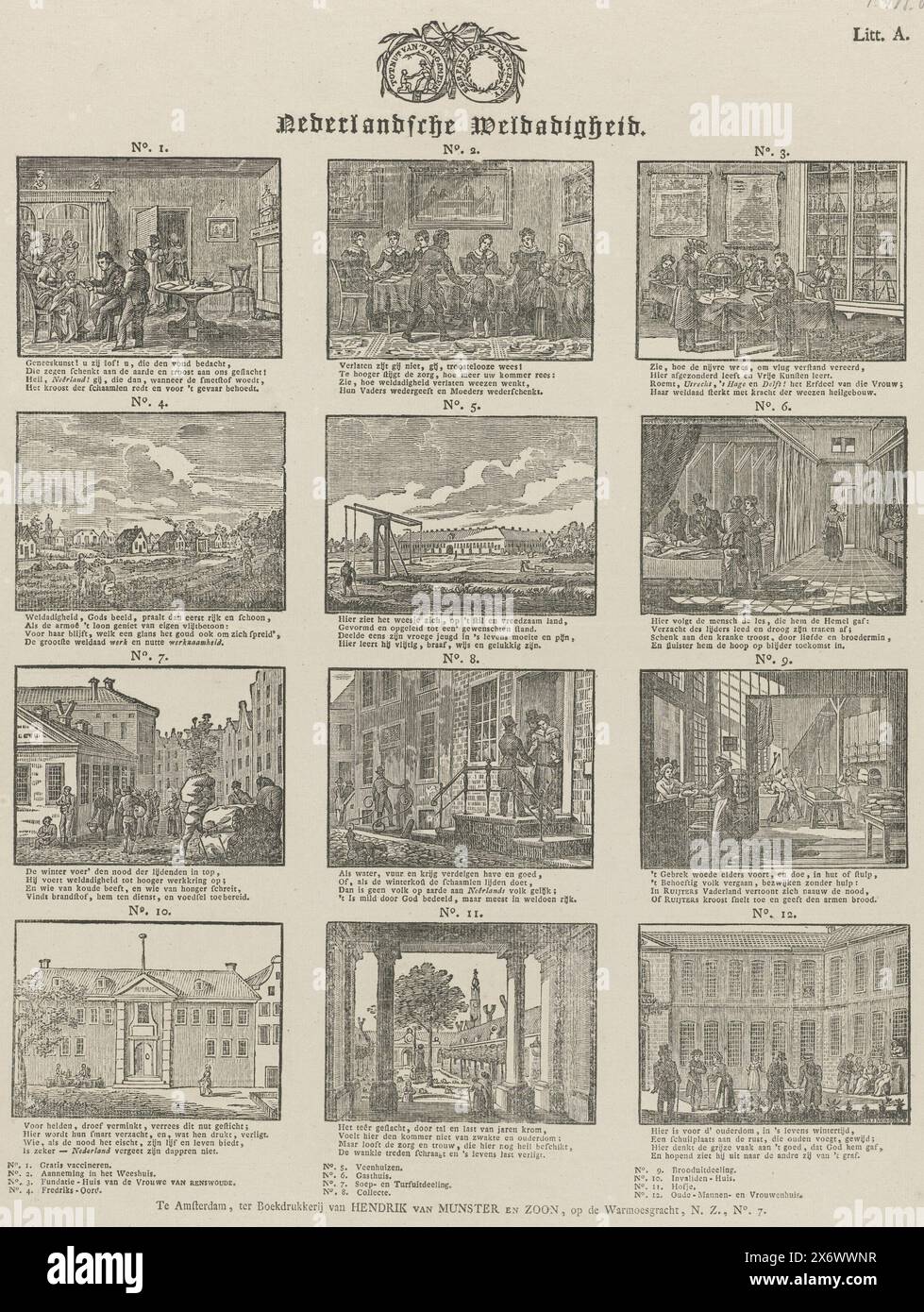 Nederlandsche Weldadigheid (Titel zum Objekt), Blatt mit zwölf Darstellungen karitativer Arbeit in den Niederlanden. Die Bilder haben die Nummern 1-12. Unter jedem Bild befindet sich eine vierzeilige Strophe. Ausgestattet mit dem Siegel des Maatschappij Tot Nut van 't Algemeen. Nummeriert oben rechts: Litt. A. Ca. 1840-1900., Druck, Drucker: Hendrik van Munster & Zoon, (erwähnt auf Objekt), Verlag: Maatschappij tot Nut van 't Algemeen, (erwähnt auf Objekt), Druckerei: Alexander Cranendoncq, (erwähnt auf Objekt), Drucker: Amsterdam, Druckerei: Niederlande, 1840 - 1899, Papier, Holzstich, Buchdruck Stockfoto