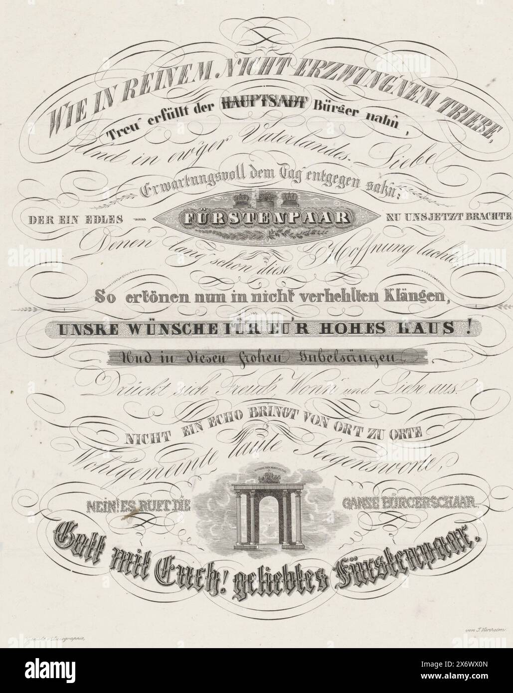 Gratulation zur Heirat von Prinzessin Marianne, 1830, Gratulation in Kalligraphie zur Heirat von Prinzessin Marianne mit Prinz Albert von Preußen, 19. September 1830. Glückwunsch in deutscher 14-zeiliger Strophe, unten am Triumphbogen., Druck, Druckerei: Joseph Vürtheim, (auf dem Objekt erwähnt), Niederlande, 1830, Papier, Höhe, 475 mm x Breite, 384 mm Stockfoto