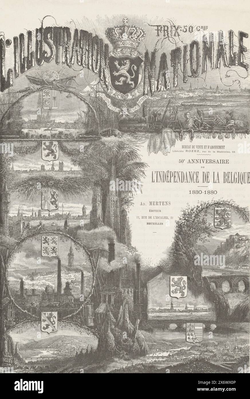 Zeitschrift L'Illustration nationale, anlässlich des fünfzigsten Jahrestages der Unabhängigkeit Belgiens, 1880, L'Illustration nationale, 50e Anniversaire L'Indépendance de la Belgique, 1830-1880 (Titel zum Objekt), Titelseite der Zeitschrift L'Illustration nationale, Ausgabe August 1880 anlässlich des fünfzigsten Jahrestages der Unabhängigkeit Belgiens, 1830-1880. Neun Ansichten der wichtigsten belgischen Städte, dargestellt zwischen Bäumen und Türmen. An der Spitze das belgische Wappen. Mit Text auf Verso., Druck, Druckerei: M. Weber, (erwähnt auf Objekt), nach Zeichnung von: Emile Puttaert Stockfoto
