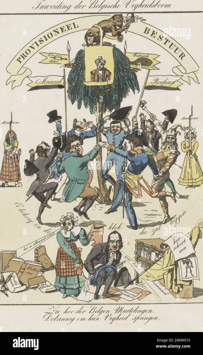 Belgischer Freiheitsbaum, 1830, Einweihung des belgischen Freiheitsbaums (Titel zum Objekt), Cartoon über die Ernennung der Provisorischen Regierung und die Proklamation der Unabhängigkeit Belgiens, 1830. Die Mitglieder der Provisorischen Regierung tanzen um den Freiheitsbaum, an dessen Spitze ein Affe mit freiliegendem Boden sitzt. Ein Porträt eines Türken oder Arabers hängt hinter dem Affen. Weibliche Freiwillige mit Gewehrpfosten links und rechts. Im Vordergrund hockt de Potter mit der Hose um die Knöchel und versucht sich zu entlasten, ein Mädchen gibt ihm ein Blatt Papier und sagt: „Es ist alles Wind Stockfoto