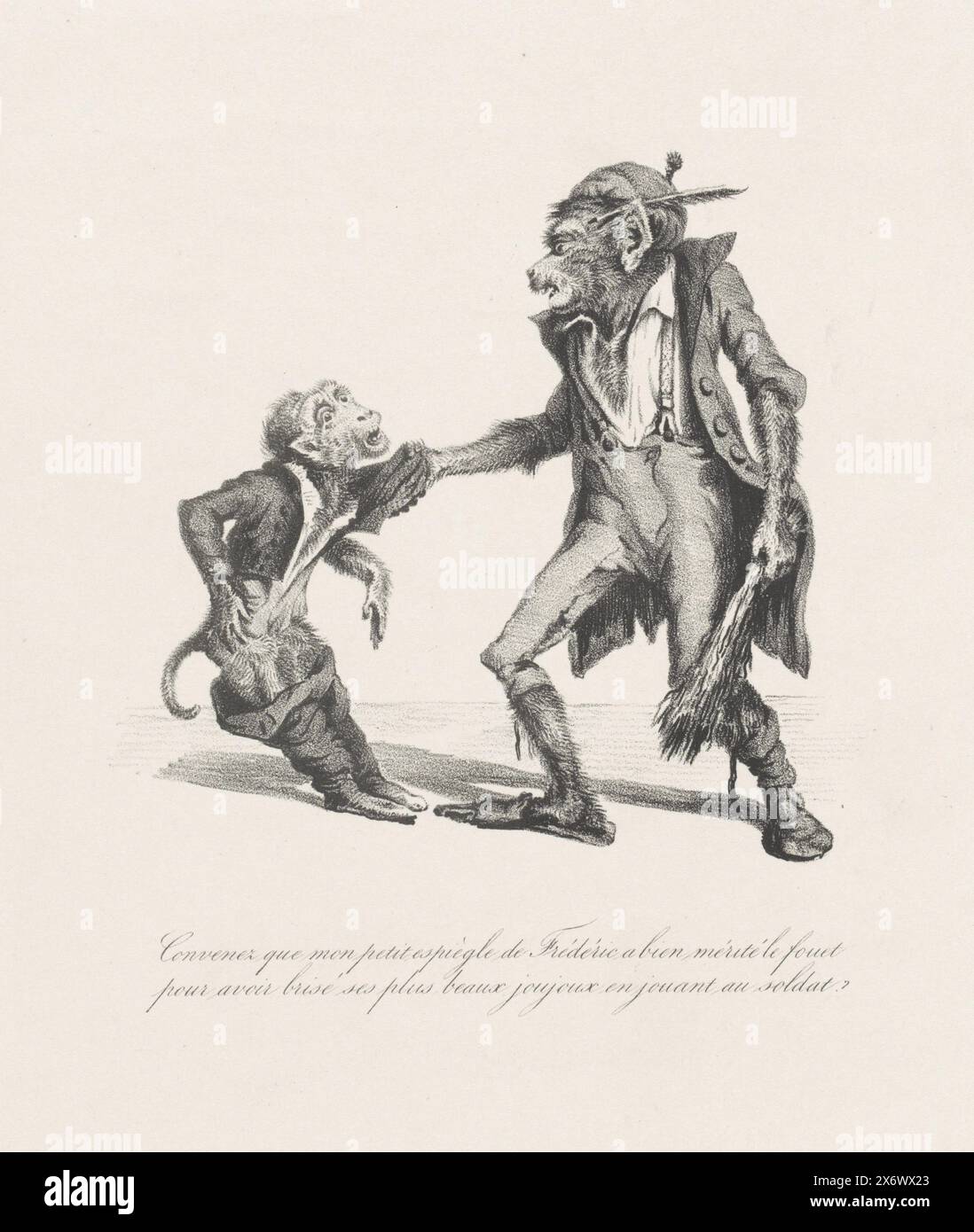 Zwei Affen, 1830, Cartoon mit König Wilhelm I. als erwachsener Affe, der sich darauf vorbereitet, einen jungen Affen, Prinz Frederik, mit einer Stange zu züchten. Mit zweizeiliger Beschriftung, Print, Printmaker: Anonym, Belgien, 1830 - 1831, Papier, Höhe, 313 mm x Breite, 241 mm Stockfoto