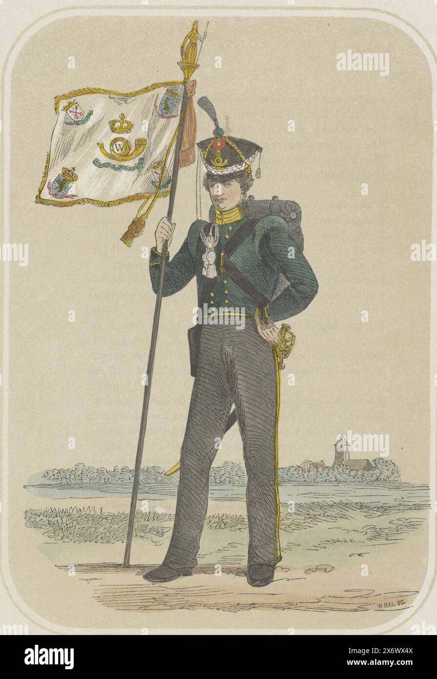 Freiwilliger Jäger der Hochschule Leiden, 1830, freiwilliger Jäger der Hochschule Leiden, 1830. In voller Länge stehend, Banner in der rechten Hand. Ein Vers auf der Rückseite., Druck, Druckerei: Willem Bal, (erwähnt auf dem Objekt), Adriaan van der Hoop Juniorsz., (erwähnt auf dem Objekt), Druckerei: Niederlande, Leiden, 1853 - 1854, Papier, Holzstich, Höhe, 223 mm x Breite, 147 mm Stockfoto