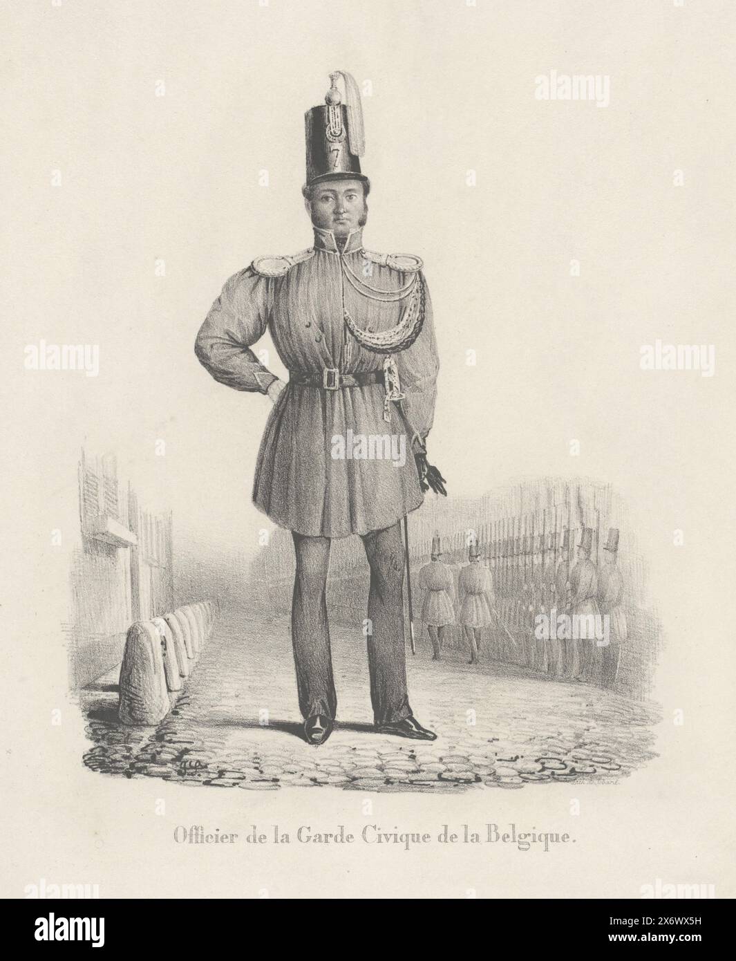 Offizier der belgischen Zivilgarde, 1830, Officier de la Garde Civique de la Belgique (Titel über Objekt), Offizier der Zivilgarde, einer belgischen Miliz, die 1830 gegründet wurde. Teil einer Gruppe von Darstellungen belgischer Uniformen., Druck, Druckerei: Unbekannt, (auf dem Gegenstand erwähnt), Drucker: Jean Baptiste Ambroise Marcellin Jobard, (auf dem Gegenstand erwähnt), Druckerei: Belgien, Drucker: Brüssel, 1830 - 1831, Papier, Höhe, 302 mm x Breite, 233 mm Stockfoto