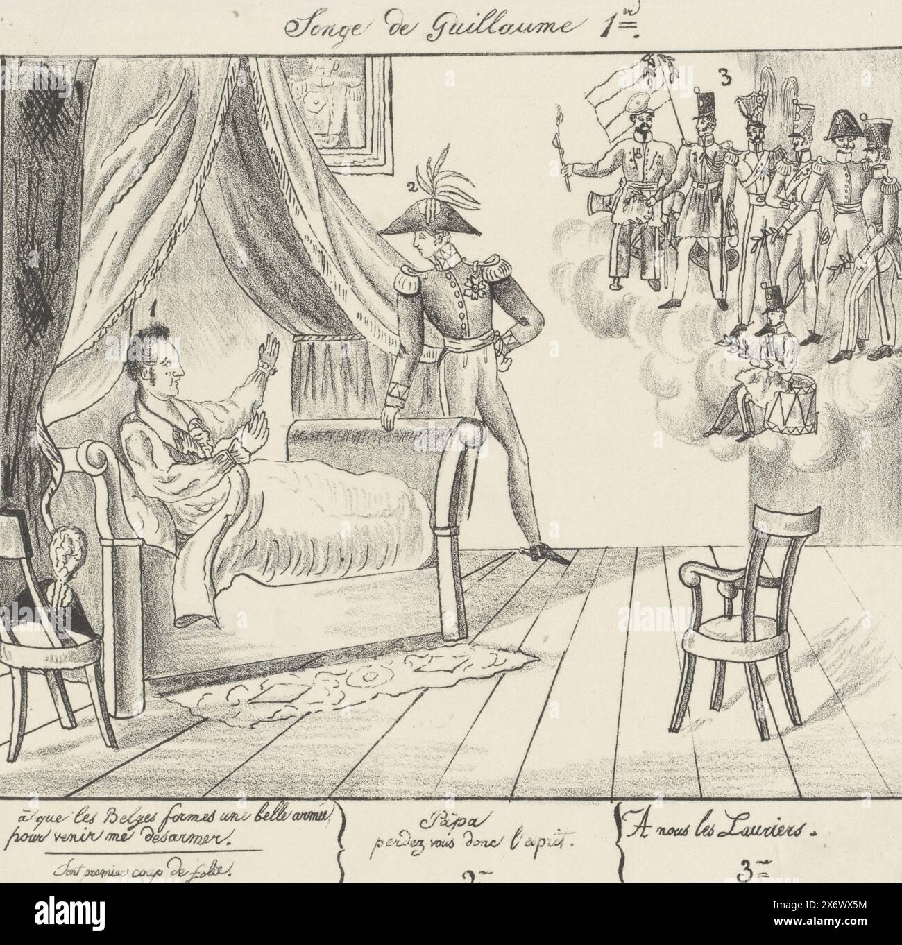 Traum von König Wilhelm I., 1830, Songe de Guillaume 1er (Titel auf Objekt), König Wilhelm I. sieht in seinem Traum sieben wunderschön gekleidete Soldaten der belgischen Armee, belohnt mit Lorbeerzweigen, 1830. Neben dem Bett seines Vaters steht der Kronprinz. Mit Bildunterschrift 1-3., Print, Printmaker: Anonym, Belgien, 1830 - 1831, Papier, Höhe, 225 mm x Breite, 265 mm Stockfoto