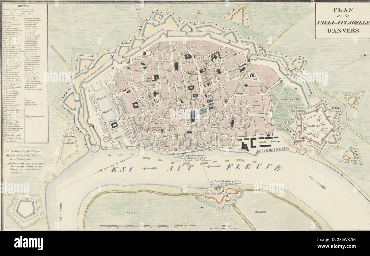 Karte von Antwerpen und der Zitadelle, 1830, Plan de la Ville et Citadelle d’Anvers (Titel auf dem Objekt), Karte der Stadt Antwerpen mit der Zitadelle, nach dem Bombardement durch die Holländer am 27. Oktober 1830. Die Stellungen auf der Schelde sind die niederländischen Fregatten und Kanonenboote. Links in einem Kasten die Legende 1-100., Druck, Druckerei: Anonym, Niederlande, 1830 - 1831, Papier, Höhe, 434 mm x Breite, 581 mm Stockfoto