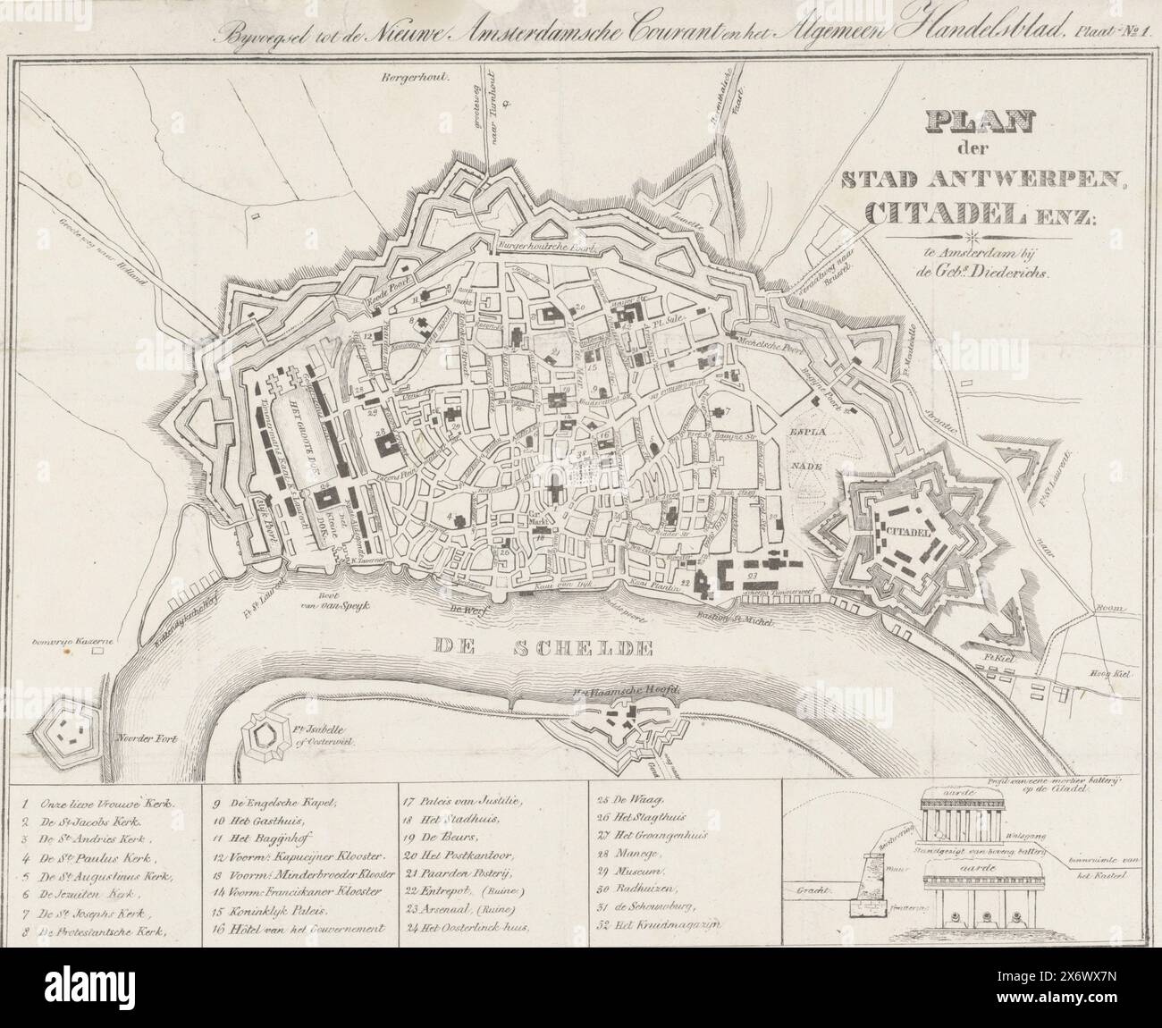 Karte von Antwerpen und die Zitadelle, 1832, Stadtplan Antwerpen, Zitadelle usw., Addendum zum Nieuwe Amsterdamse Courant und dem Algemeen Handelsblad. Platte Nr. 1 (Titel auf Objekt), Karte der Stadt Antwerpen mit der Zitadelle, zur Zeit der Belagerung Antwerpens, Dezember 1832. Unten die Legende 1-32 und zwei Querschnitte der Zitadelle., Druck, Druckerei: Morris Jacob Dessaur, (erwähnt auf Objekt), Verlag: Gebroeders Diederichs, (erwähnt auf Objekt), Druckerei: Niederlande, Verlag: Amsterdam, 1832 - 1833, Papier, Höhe, 300 mm x Breite, 427 mm Stockfoto